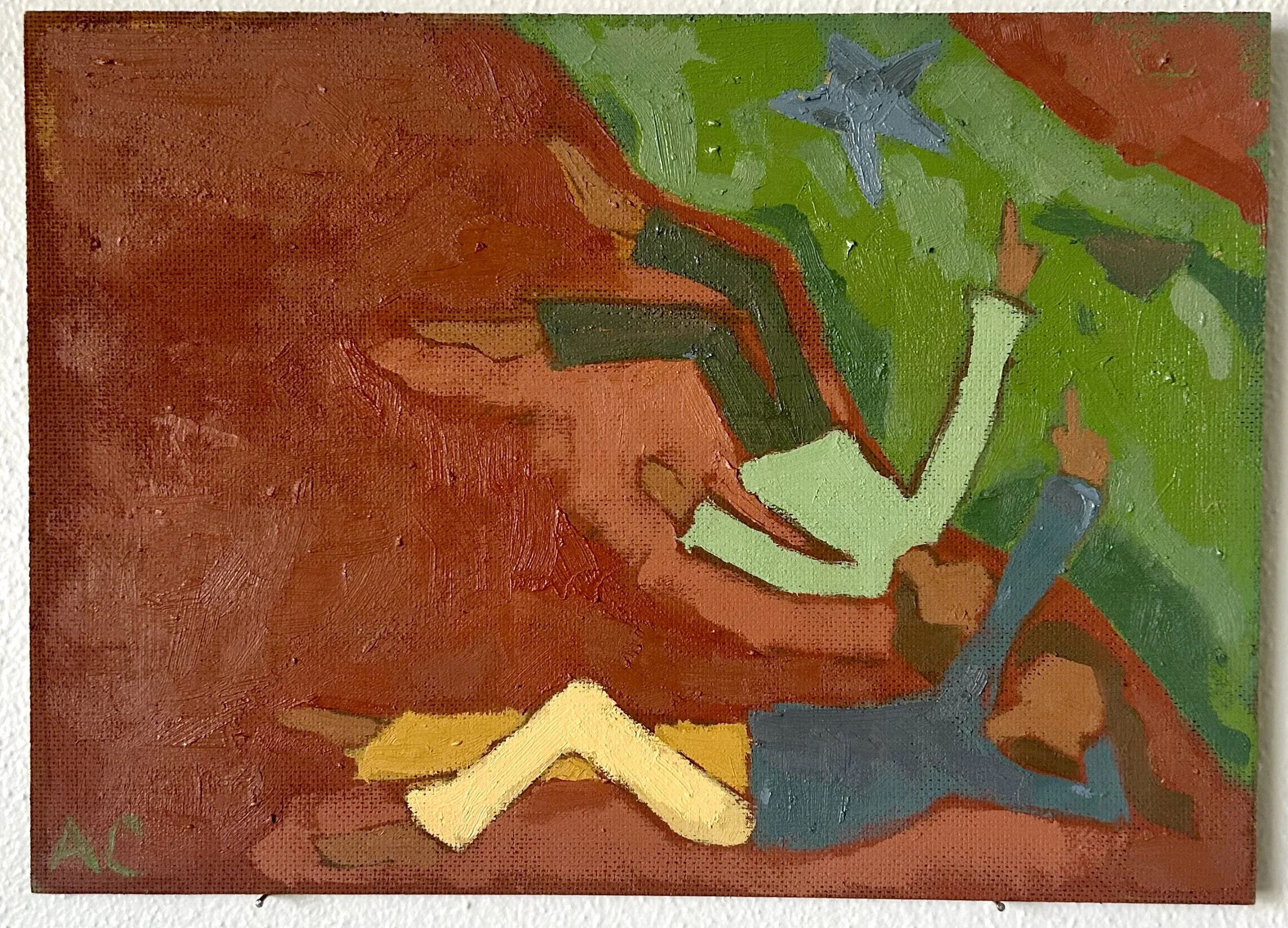 An abstract painting with colorful shapes and textures, featuring a mix of red, green, blue, yellow, and orange hues.