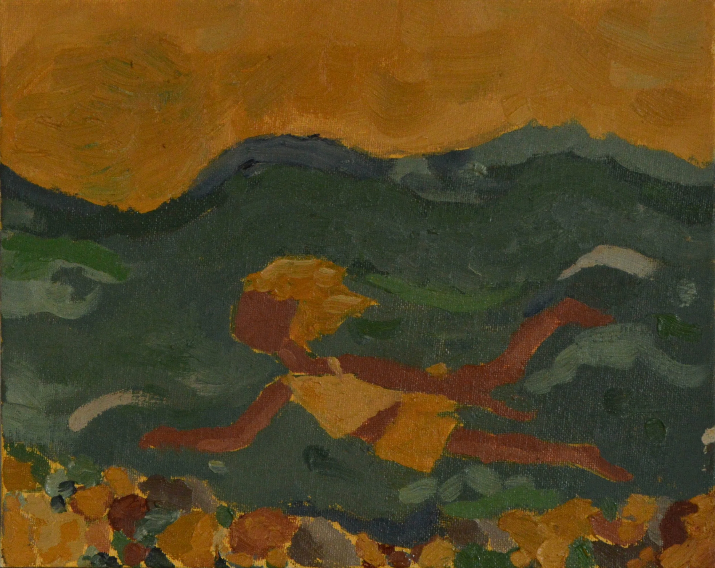 An abstract landscape painting with a dark mountain range in the foreground and an orange sky above.