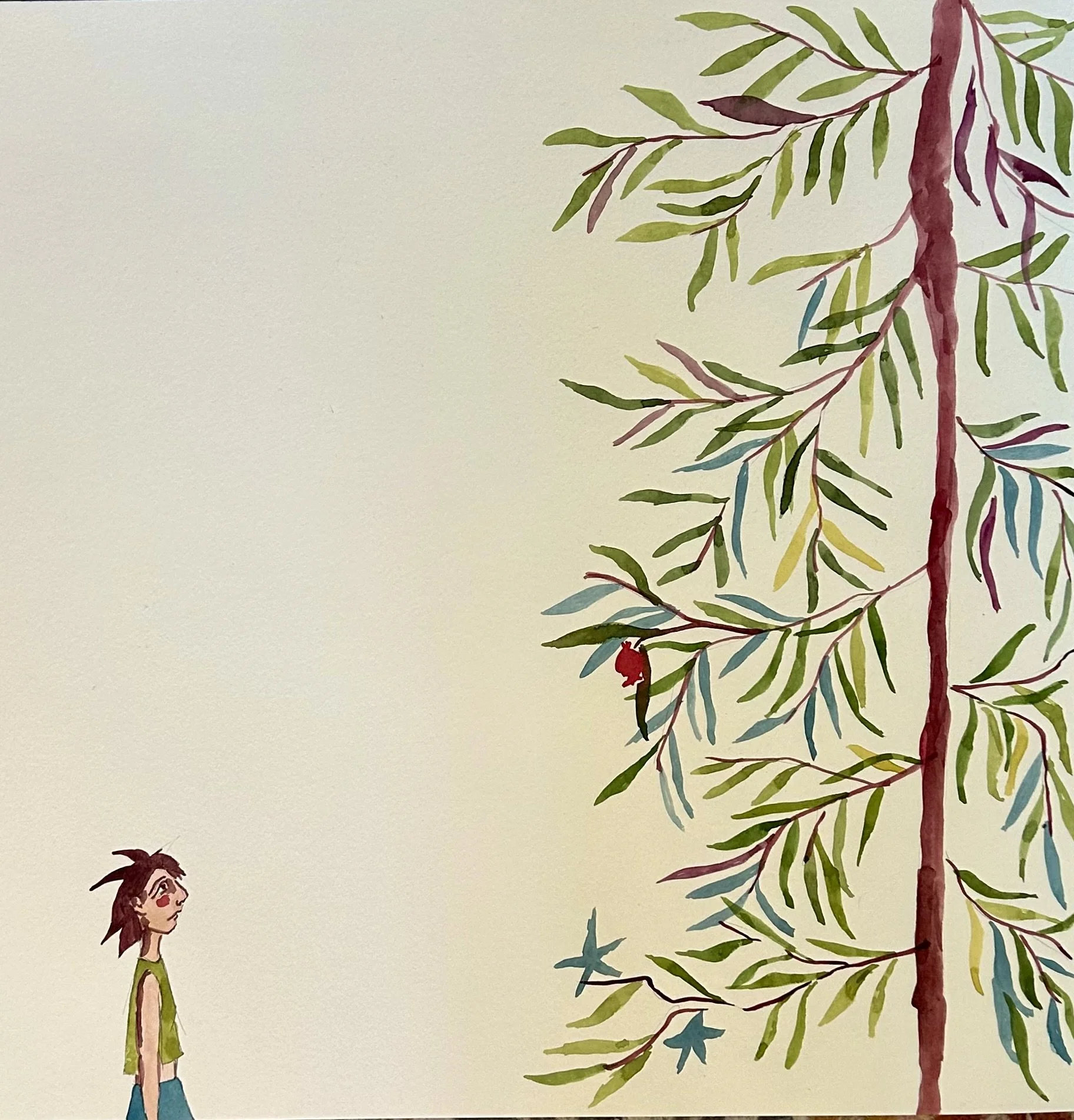 A watercolor painting of a girl with dark brown hair tied in a messy bun, wearing a green shirt and blue pants, walking towards a large tree with green, yellow, and purple leaves. A blue bird is flying near the girl.