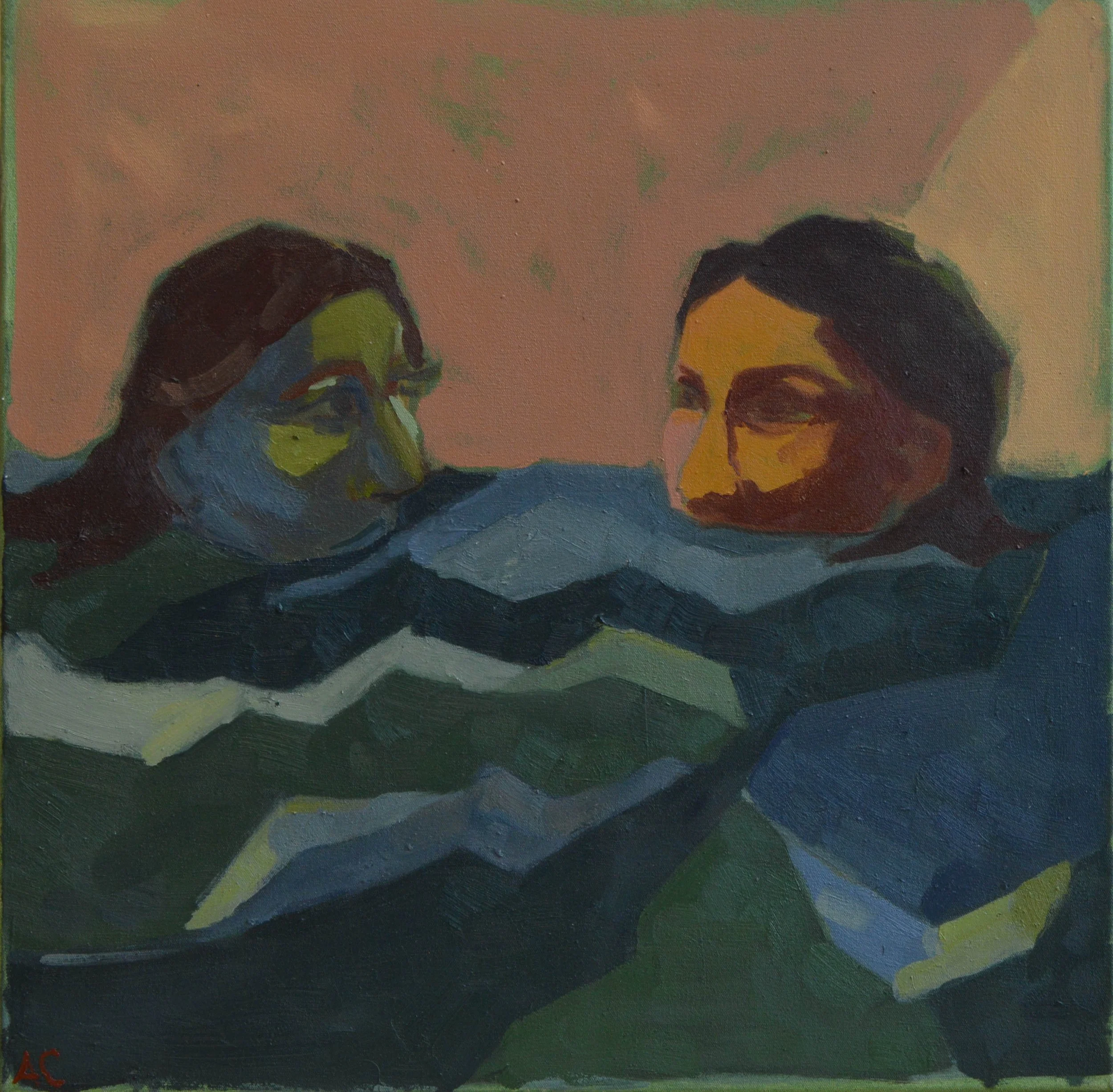 A painting of two women, one with dark hair and glasses and the other with short dark hair, sitting together in front of a pinkish background with green accents.