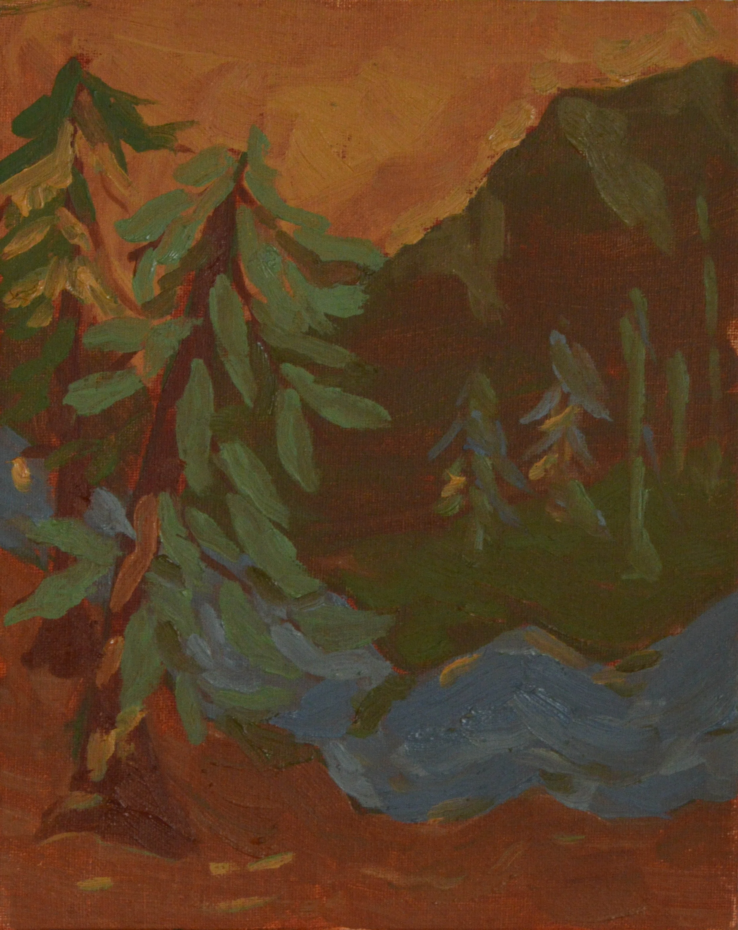 An impressionist painting of a landscape with green trees, a hill or mountain, and a reddish sky.