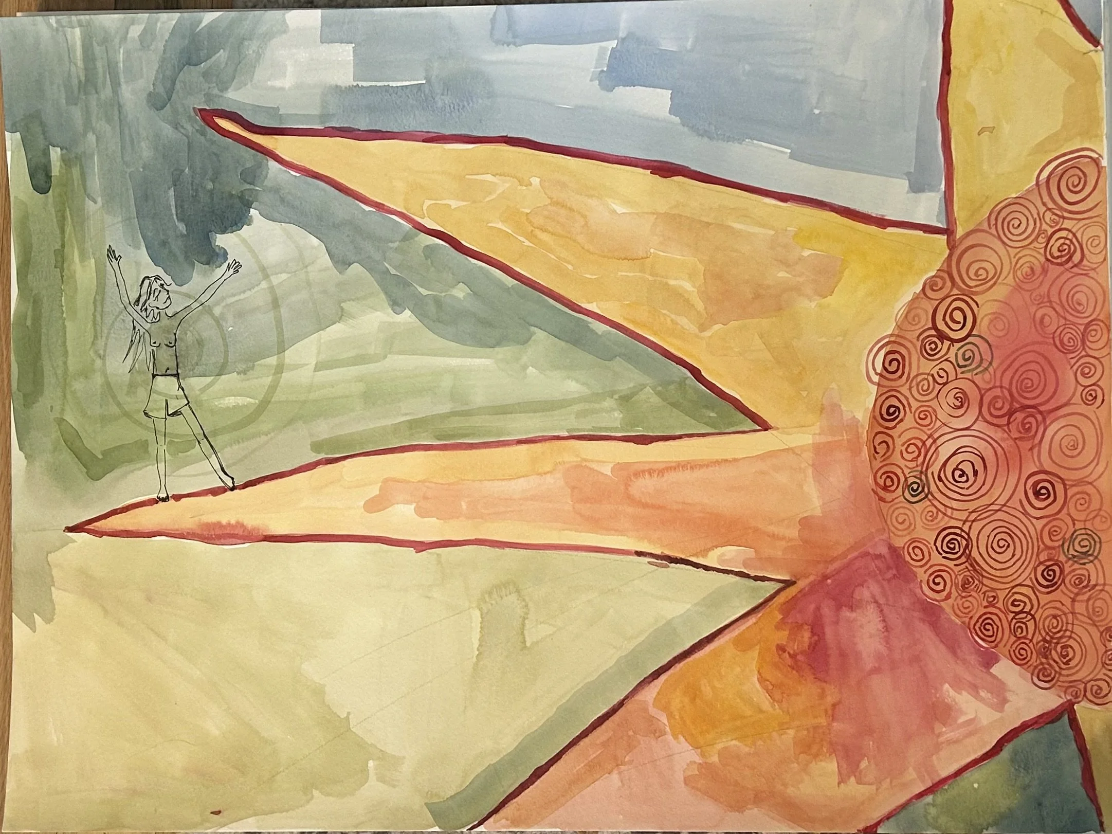 A cheerful person standing with arms raised on a large, colorful, abstract backdrop with swirling patterns and watercolor-like textures.