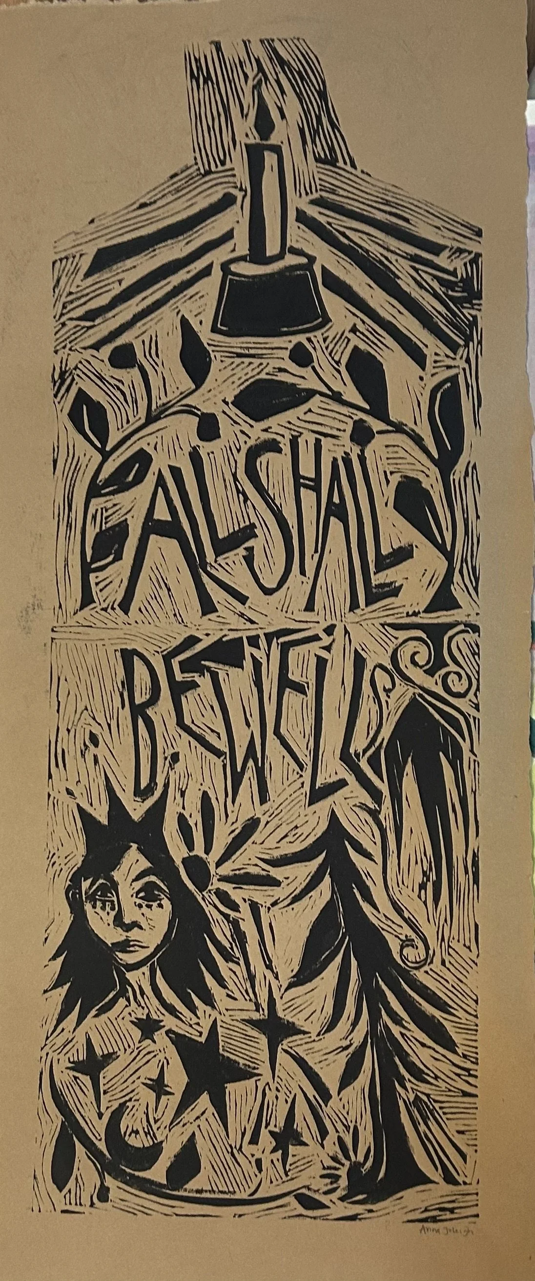 A black and white linocut print with a candle at the top, the phrase "ALL SHADES BELONG" in stylized letters, a woman with space buns and star tattoos, and various stars, leaves, and moon motifs.