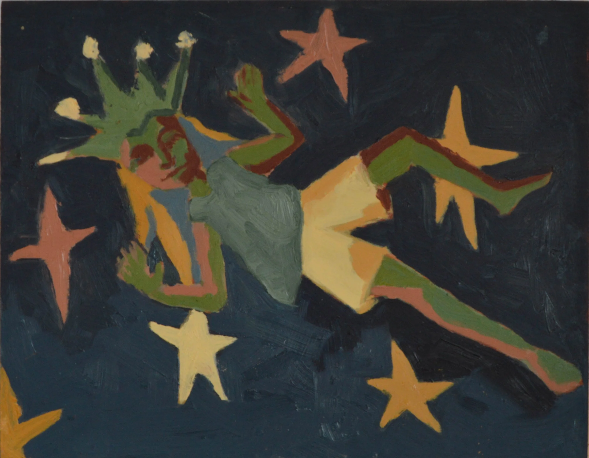 Abstract painting with dark background, colorful star shapes in yellow, green, orange, and pink, and white flower-like forms.
