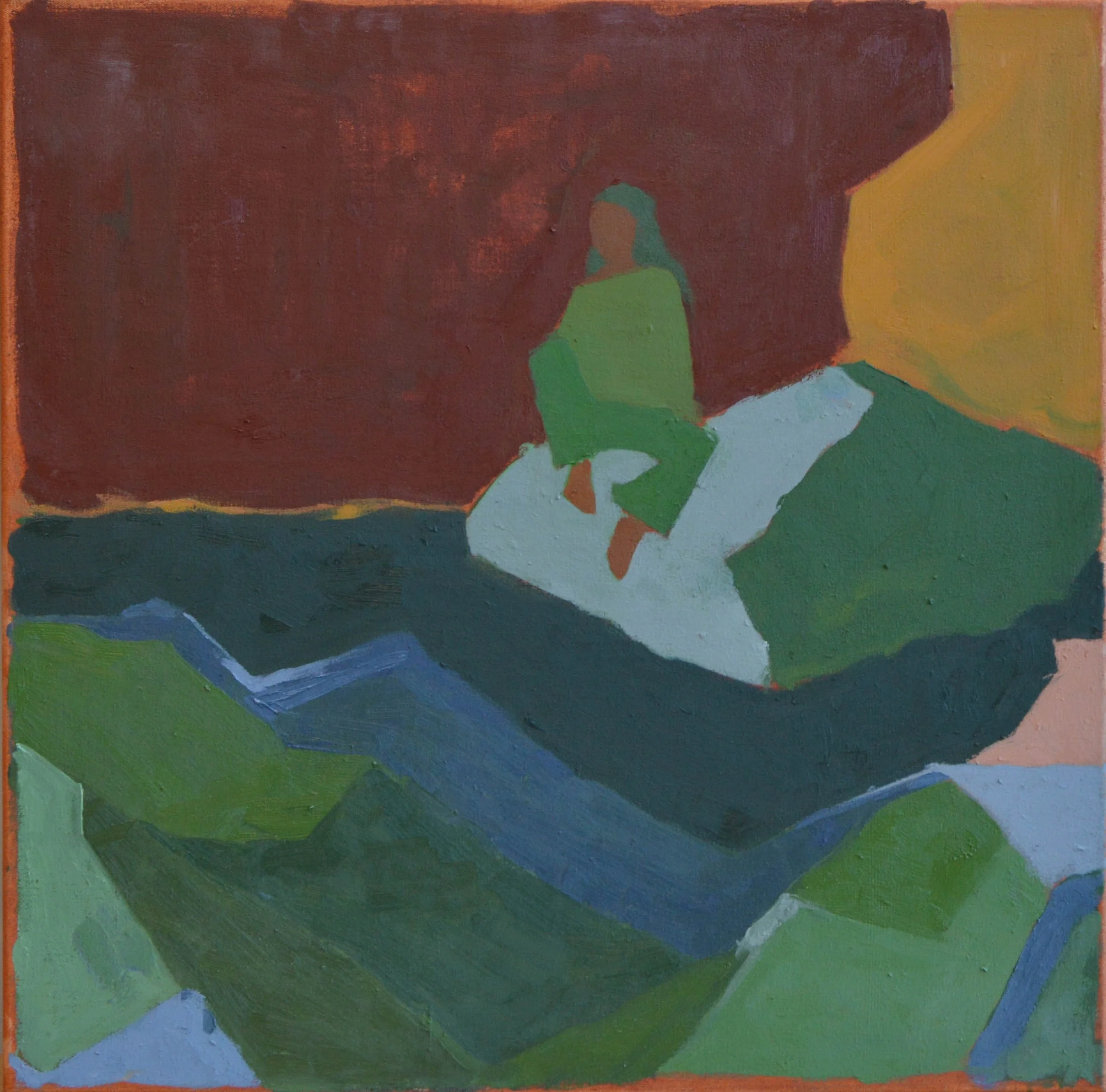 Abstract painting with blocks of color including green, blue, yellow, and brown. The colors are applied in broad, textured strokes.