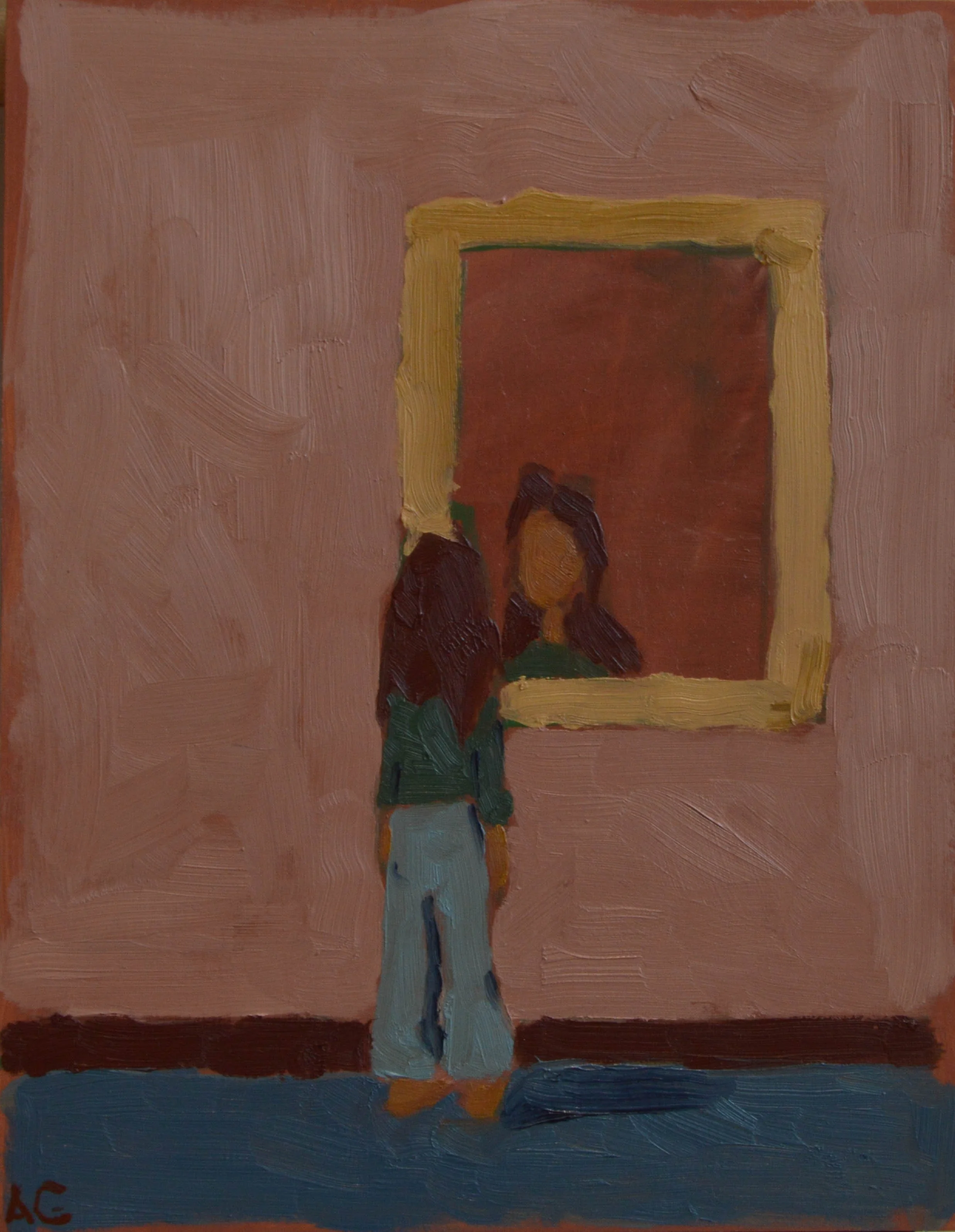 A woman with long dark hair with red streaks, wearing a yellow top, stands in front of a red-brown door with a yellow frame, her back to the viewer. The scene appears to be an abstract or impressionistic painting with broad brushstrokes.