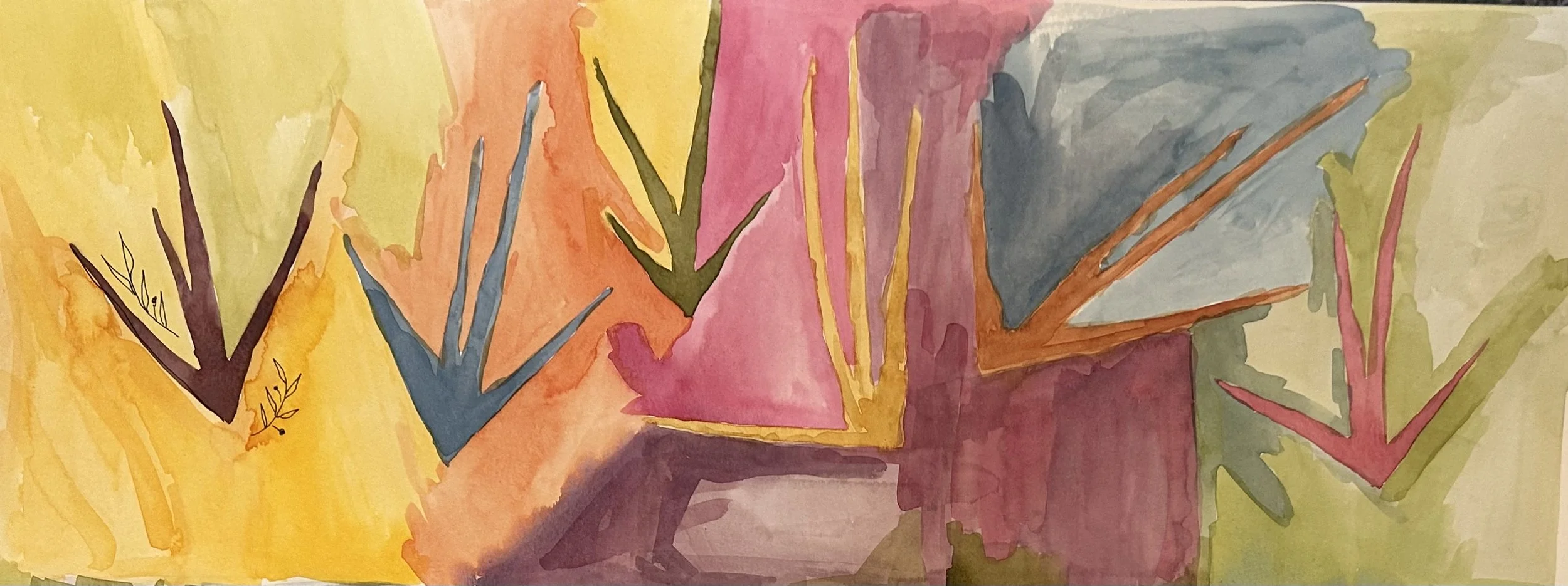Watercolor painting of abstract flower shapes in bright colors such as yellow, orange, pink, blue, and green.