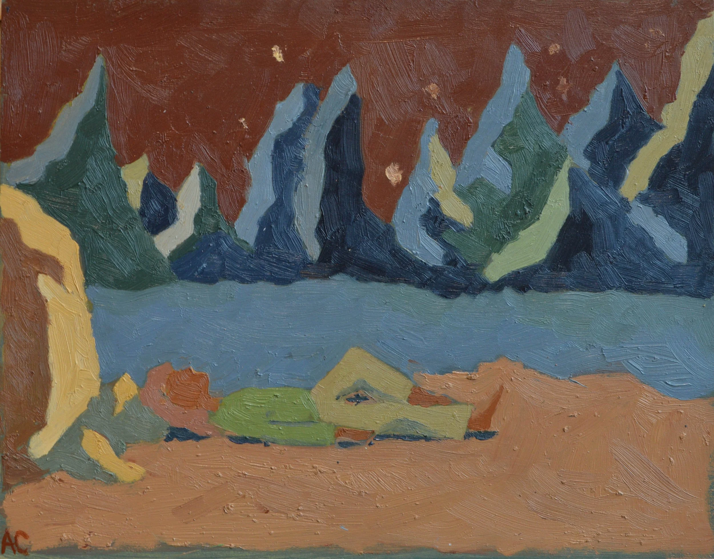 Abstract painting with various colors of paint applied with visible brushstrokes, including red, green, blue, yellow, and black.