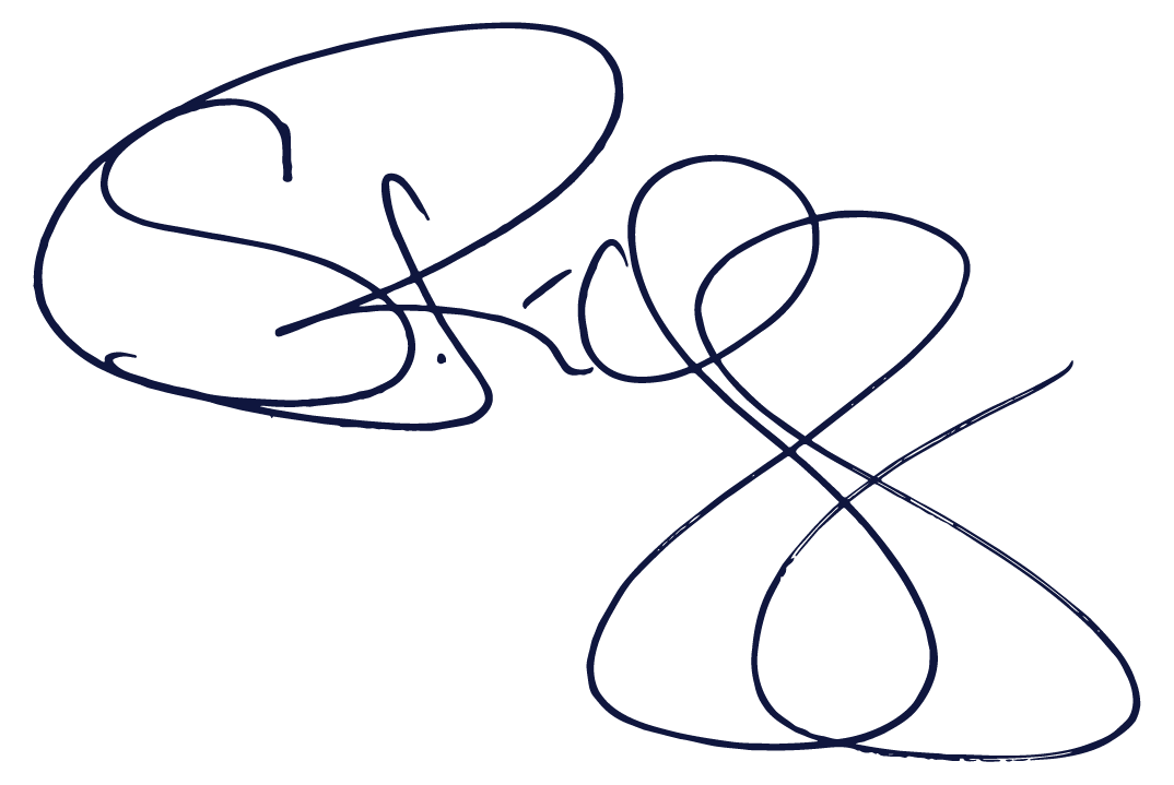 Blue cursive signature on black background