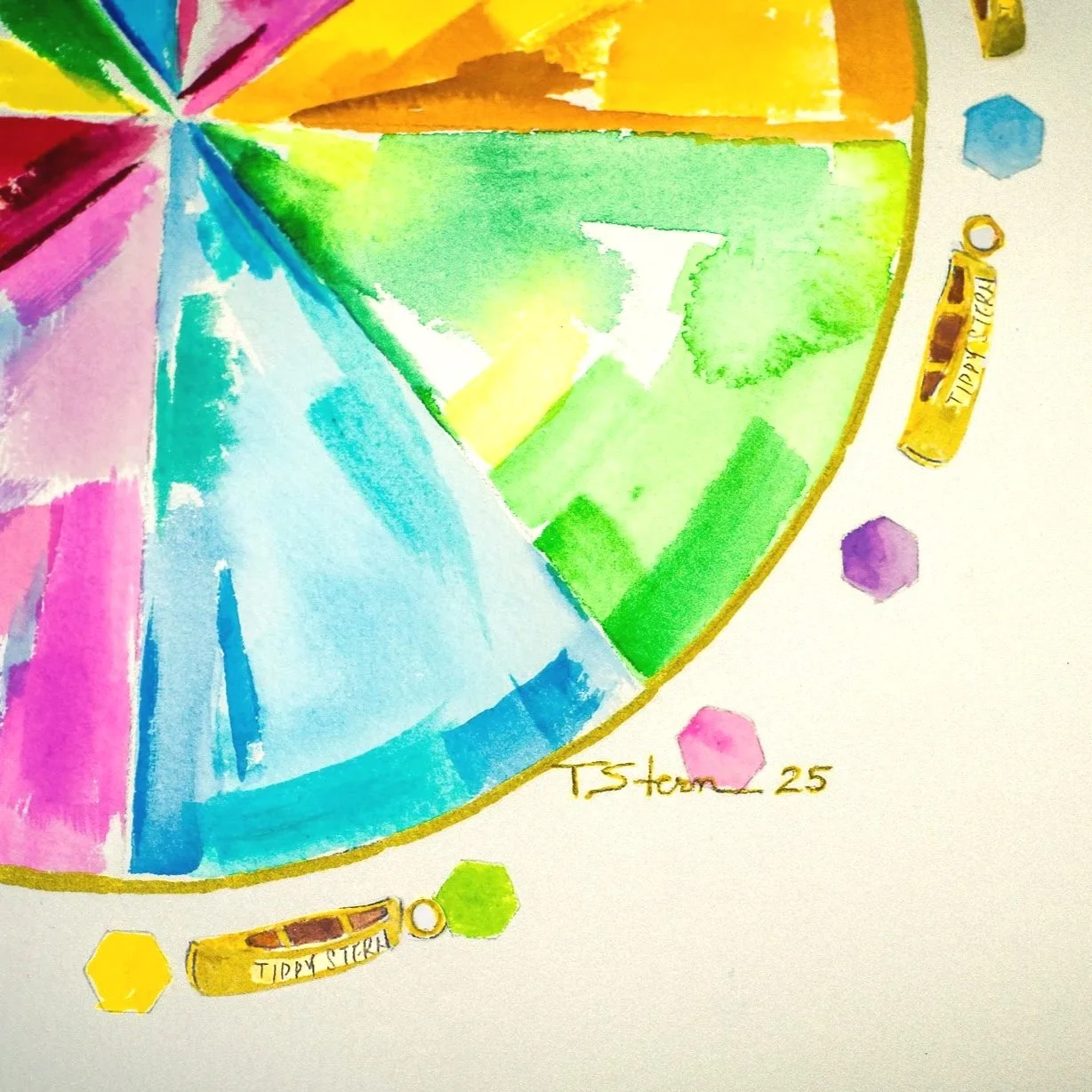 Colorful pie chart divided into sections painted in bright watercolor with a gold outline.