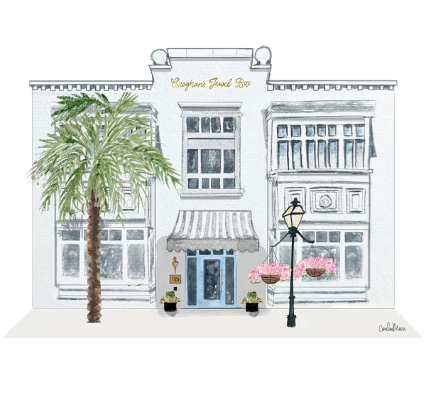 Watercolor illustration of a building with the sign 'Croghan Jewel Box,' featuring a palm tree, hanging flower baskets, a street lamp, and large windows.
