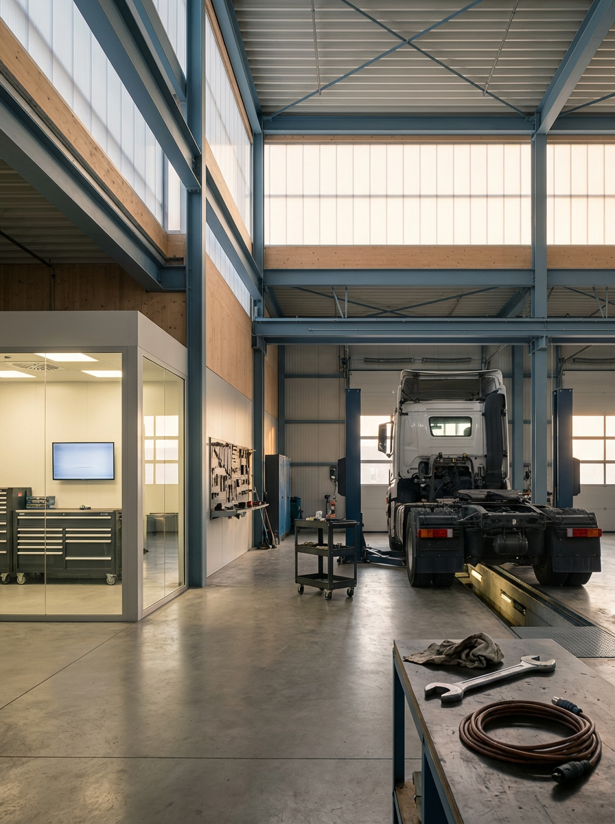 A spacious auto repair shop with a large truck on a lift, tools and workbenches, and a small enclosed office with a computer.