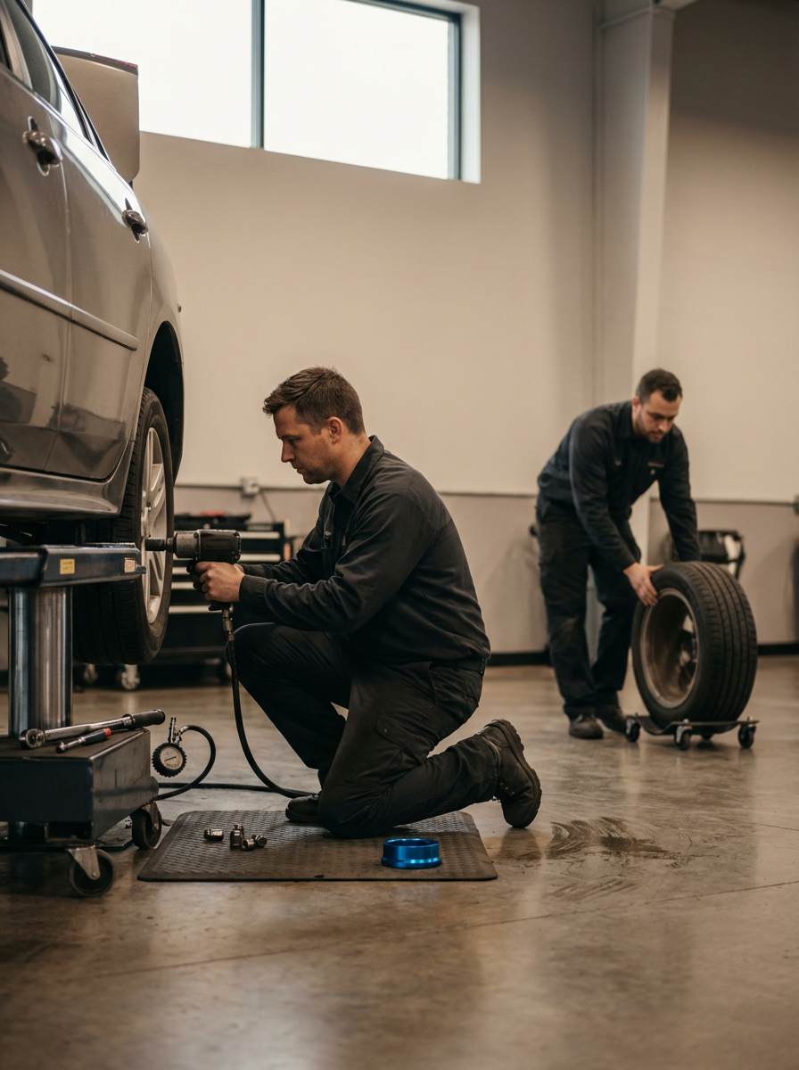 Two mechanics working on a car inside a garage. One is kneeling and using a power tool on the wheel, while the other is holding a spare tire.