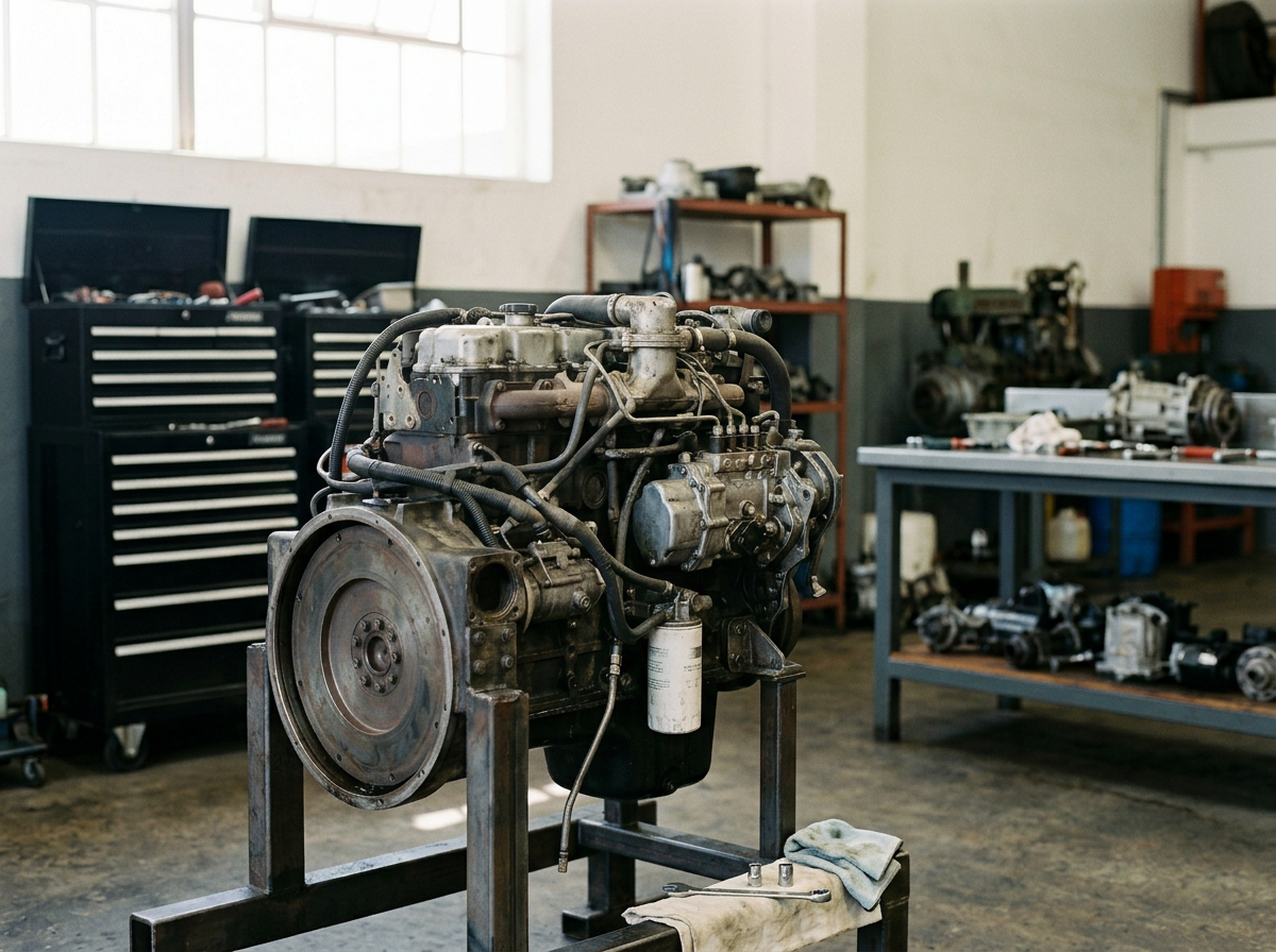 An engine in a workshop surrounded by various tools and machinery.