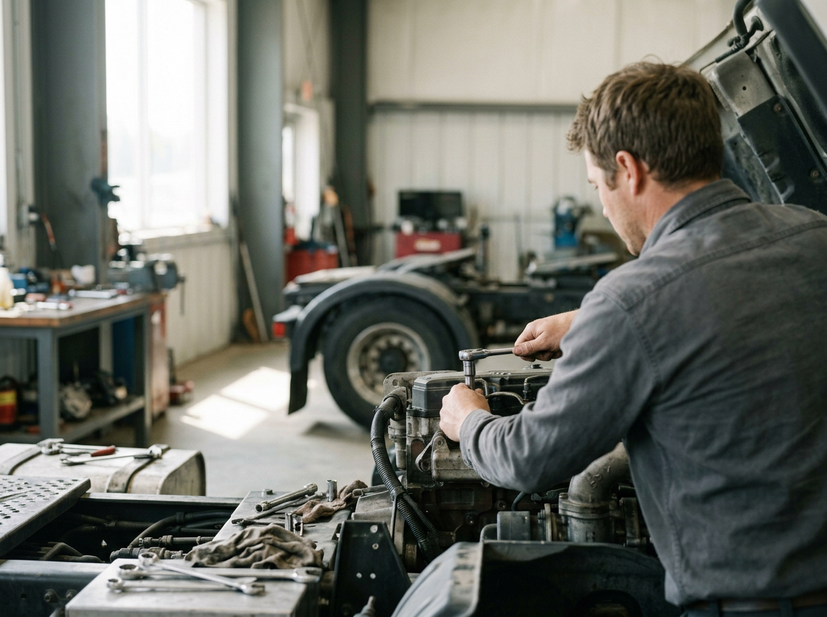 A man working on a car engine in an auto repair shop, with a vehicle on a lift in the background.