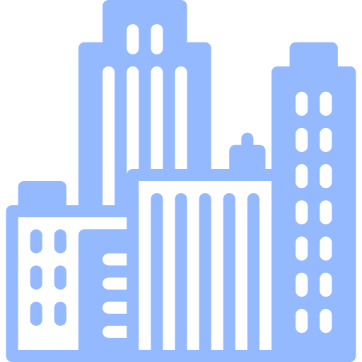 Blue icon of a city skyline with various tall buildings.