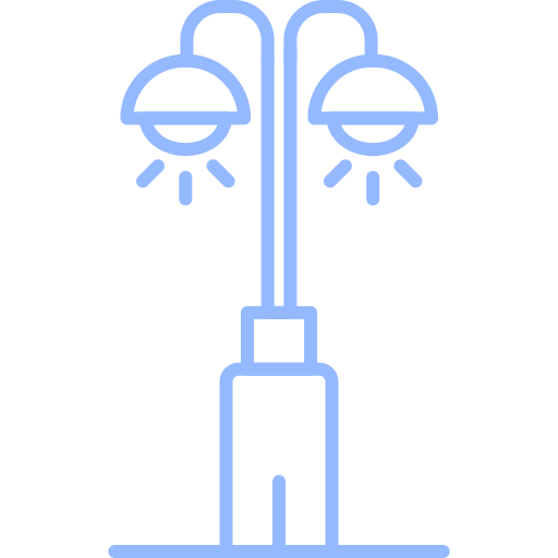 Minimalist outline of a street lamp with two lights against a black background.