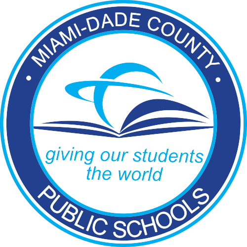 Miami-Dade County Public Schools logo featuring a stylized globe and open book with the slogan 'giving our students the world'.