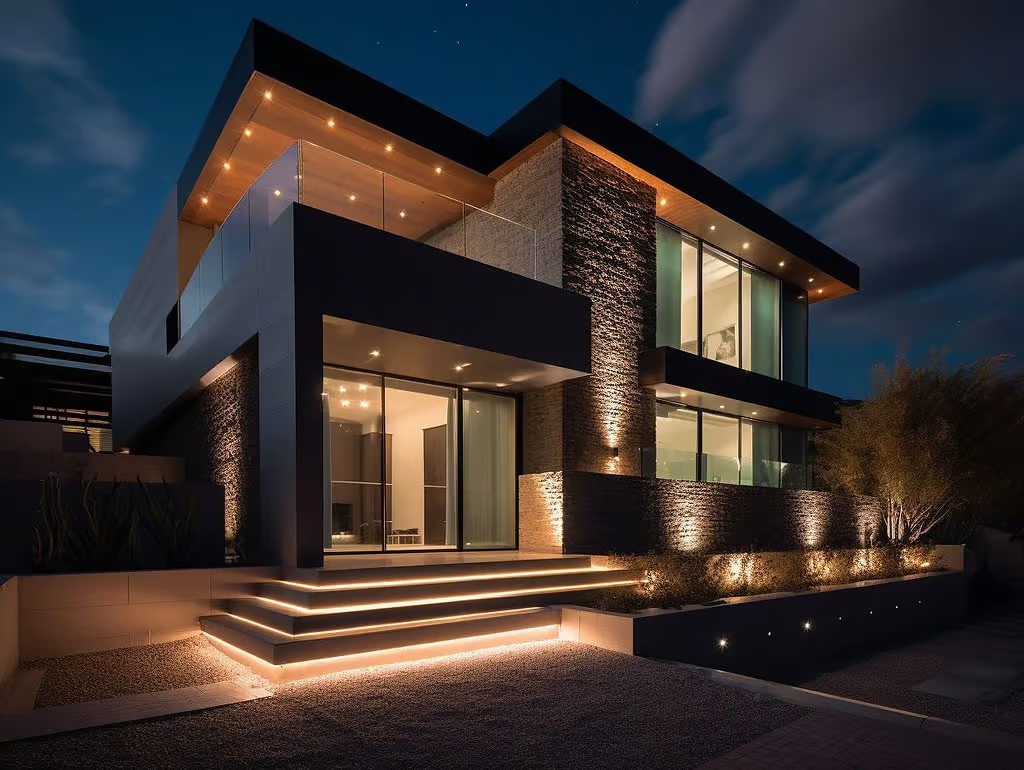 Modern two-story house with large glass windows, exterior lighting, and a step entrance at night.