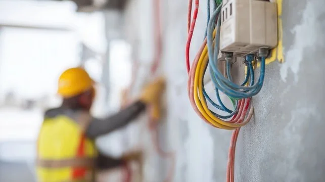 Electrician working on wiring in an unfinished room with visible electrical wires and switches.