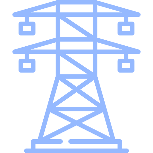 Outline illustration of an electrical transmission tower with power lines.