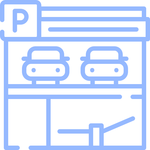 Parking garage sign with two cars and a parking payment station.