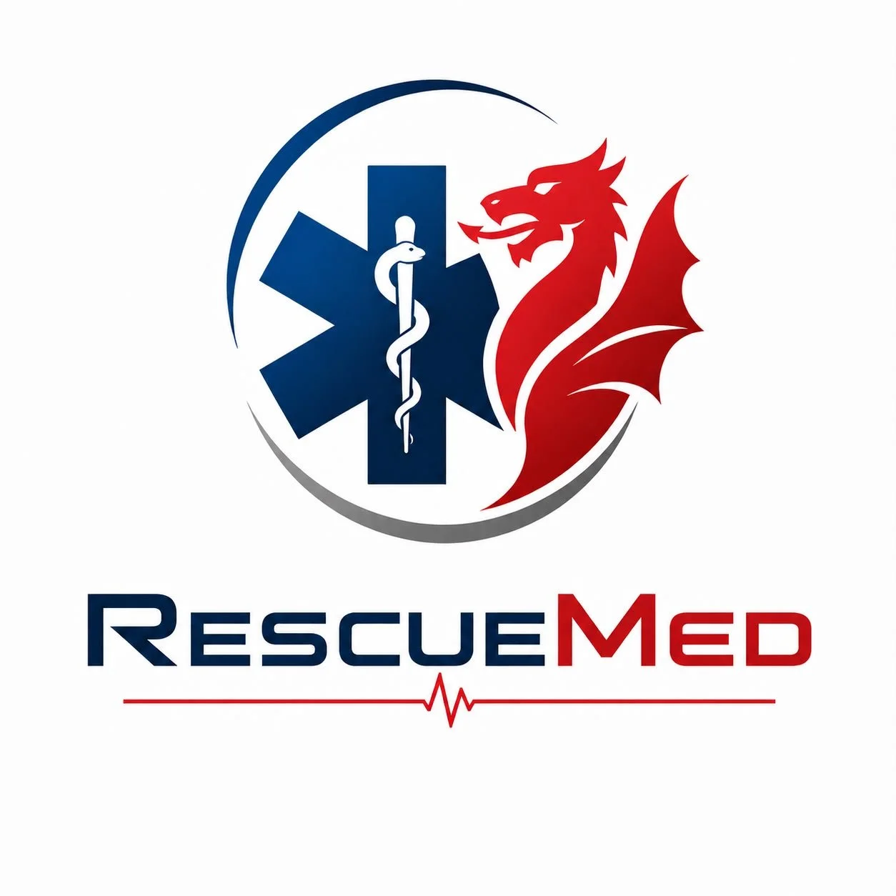A logo featuring a blue medical emergency symbol with a snake wrapped around a staff, alongside a red dragon, and the text "RescueMed" in blue and red with a red heartbeat line beneath.
