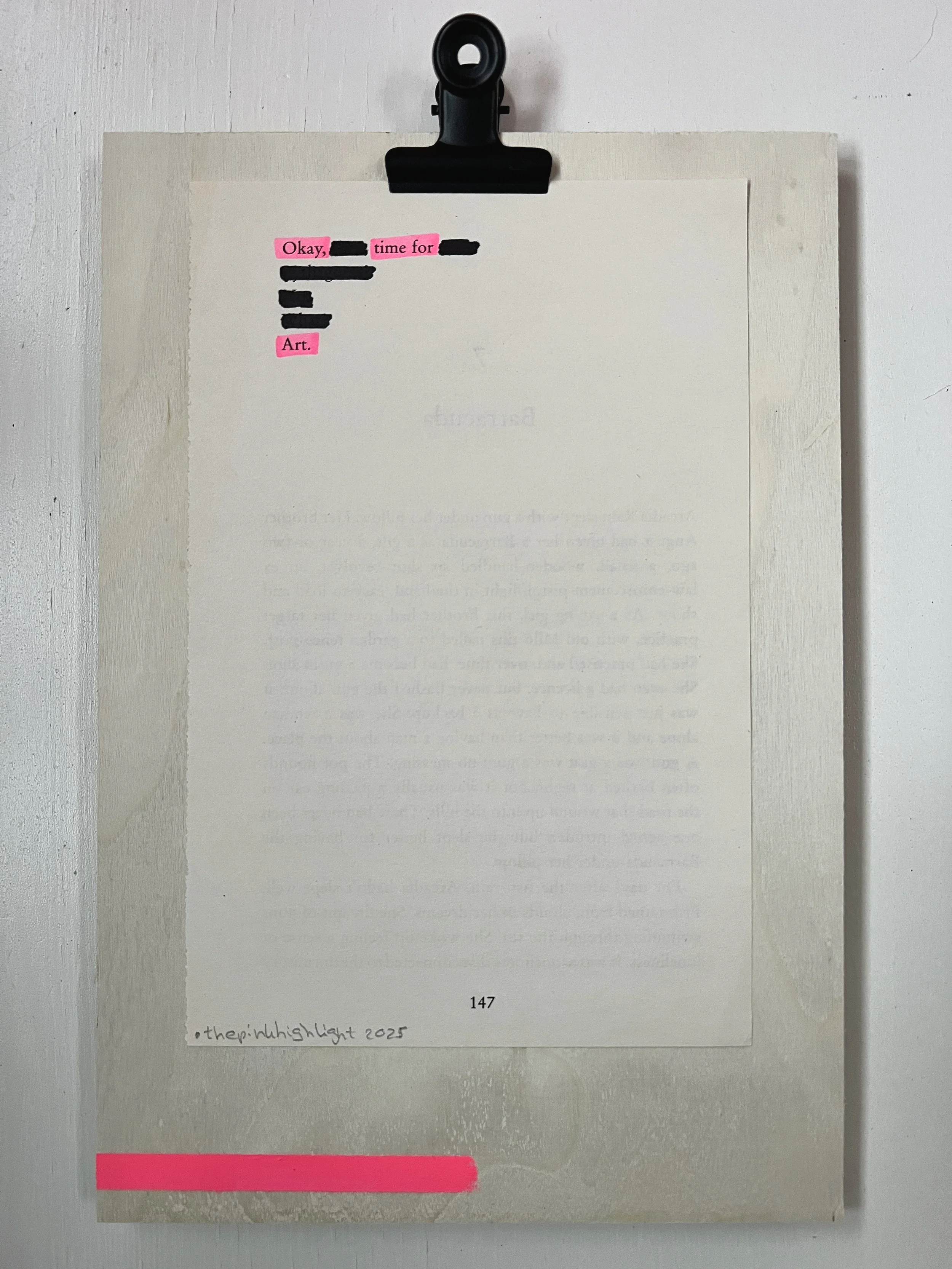 A black clipboard holding a white sheet of paper with highlighted pink words and blacked out text, on a white wall. The page number 147 is visible at the bottom, along with a handwritten signature and date reading "thep.huh@highlight 2025."