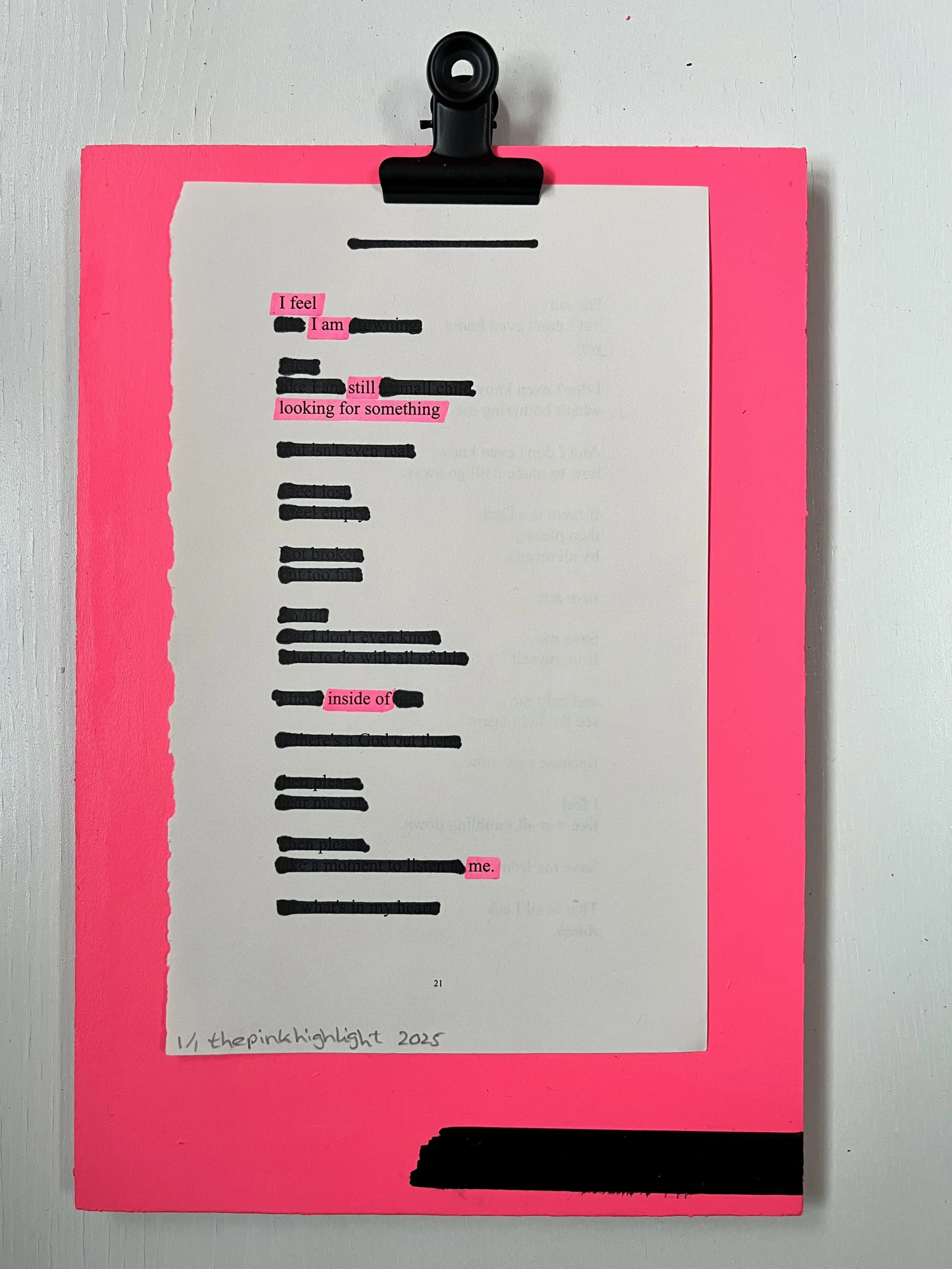 A page of handwritten notes with pink highlighted words, clipped to a pink board with a black clip, featuring quote-like sentences about feelings and listening, marked as 1/1 thepinkhighlight 2025.