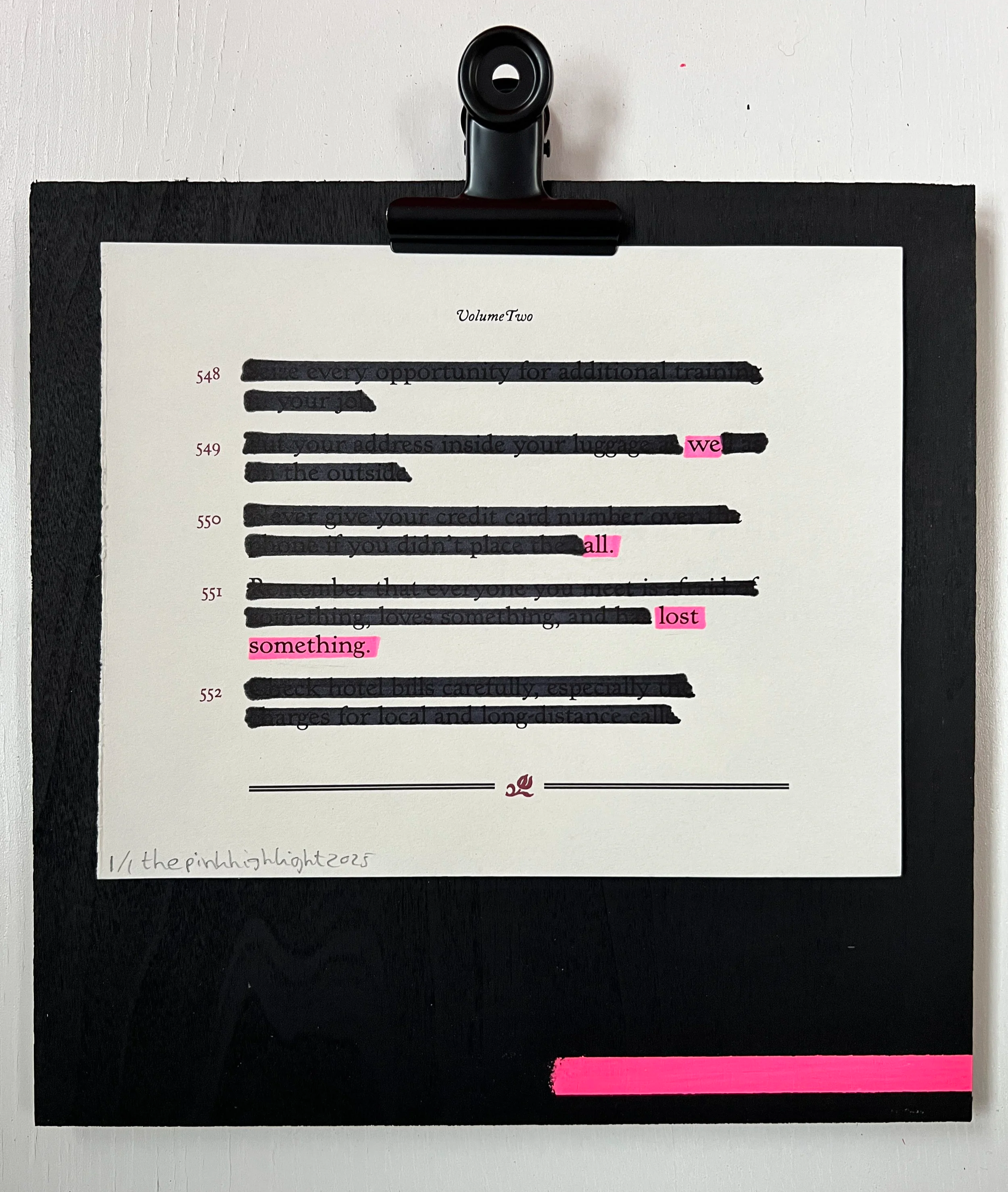 A printed document clipped with a black binder clip, with highlighting across lines of text and some underlined text. The document appears to be a list or manual with numbered points and some text in pink highlight, including the words "we," "all," "