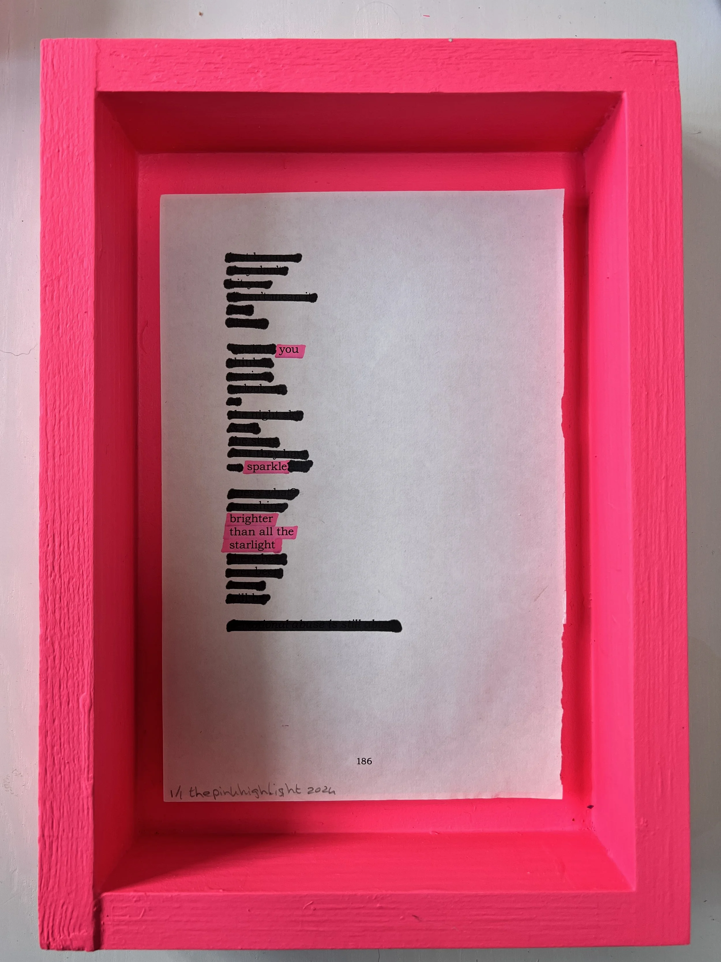 A white piece of paper with blacked-out text, five words highlighted in pink with the words 'you', 'sparkle', 'brighter,' 'than,' and 'all the,' and a handwritten note at the bottom that says '/ thepinhighlight 2022'.