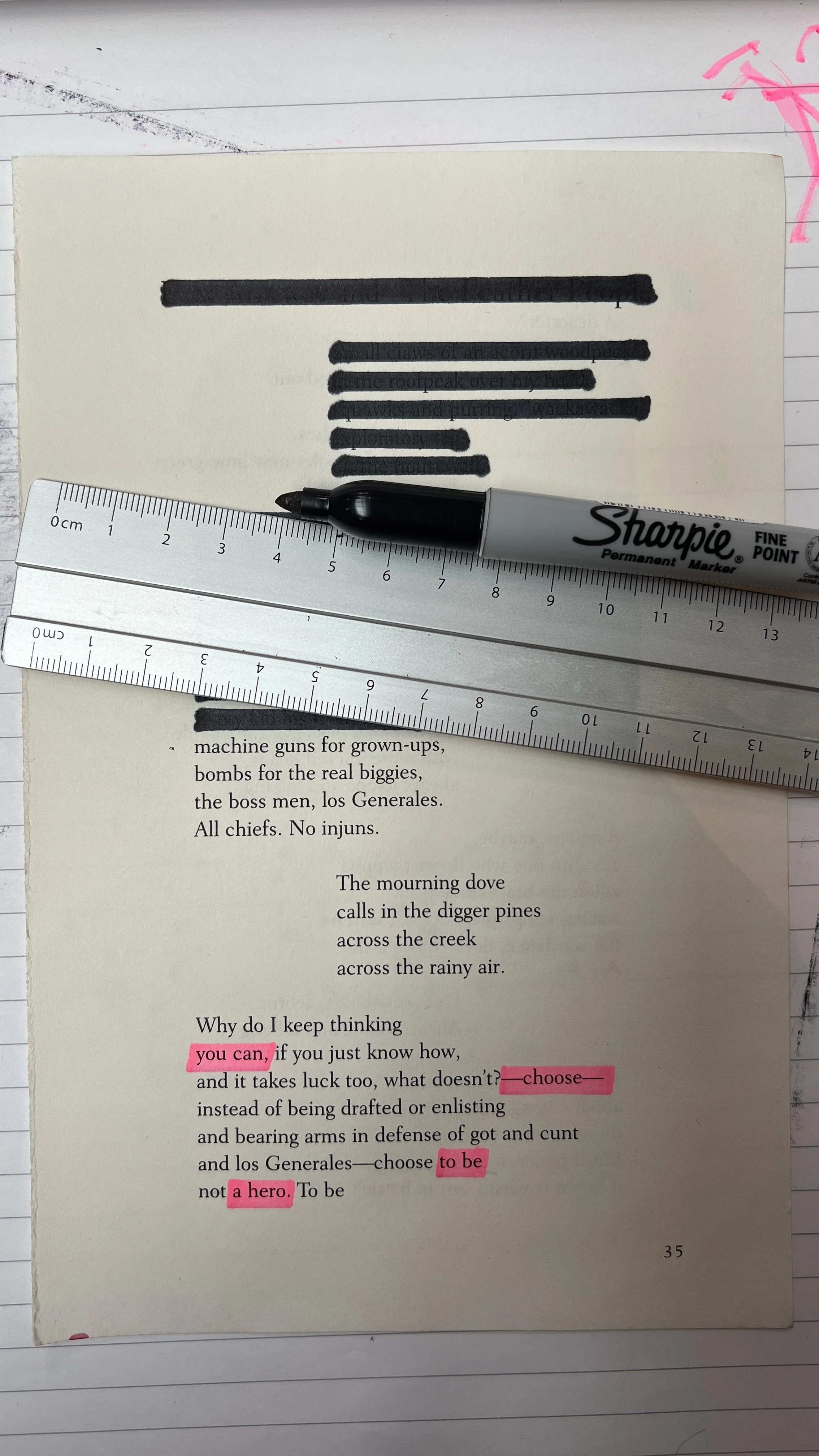 A page from a book with highlighted words in pink, a black Sharpie marker, and two rulers, one clear and one white, placed over the book. The book contains a poem and some text about being a hero.