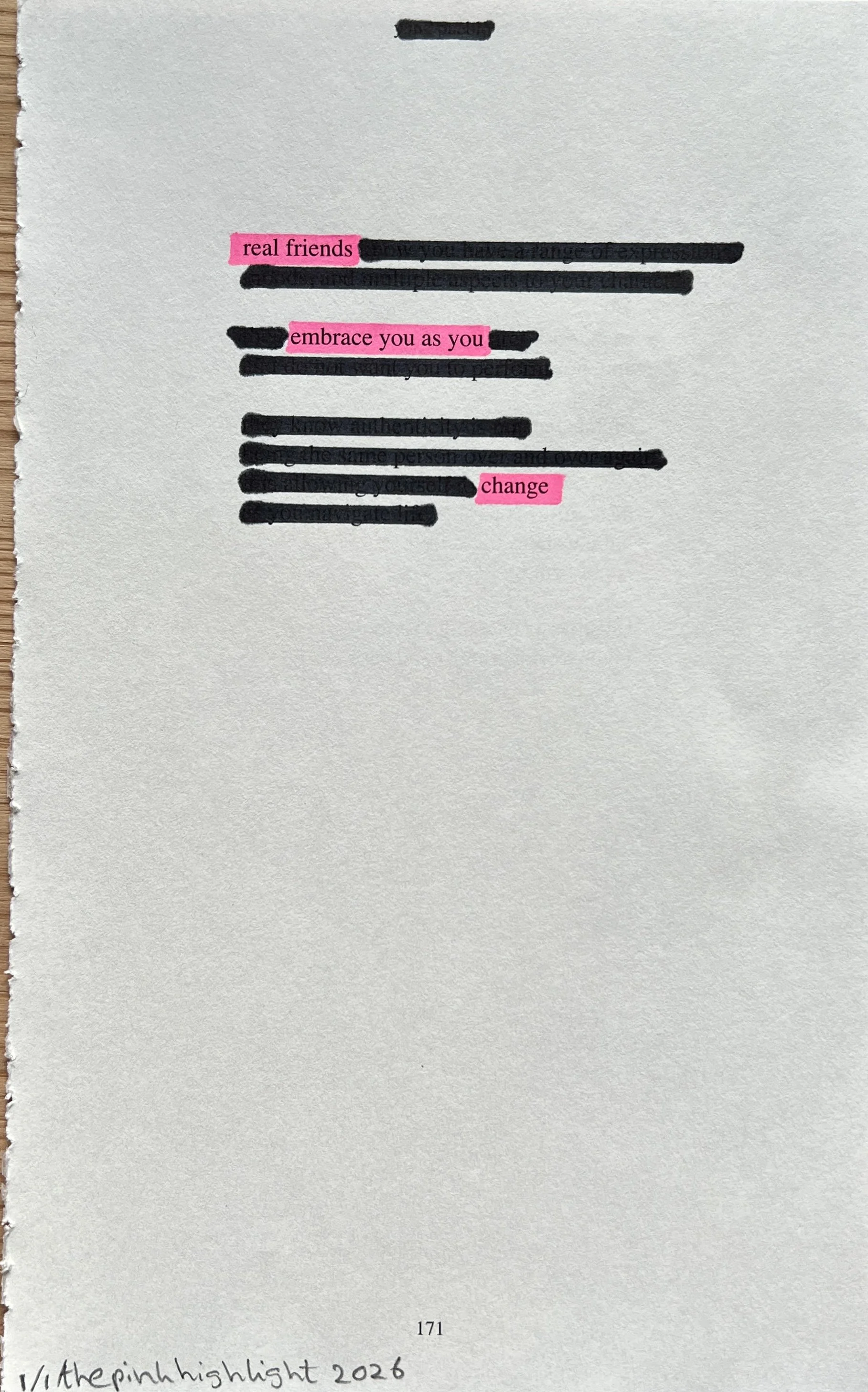 A page from a book with the page number 171. It includes handwritten text at the bottom left that says '/thepinphhighlight 2026'. The rest of the page has some lines of text that are heavily blacked out, with three highlighted words: 'real friends', 
