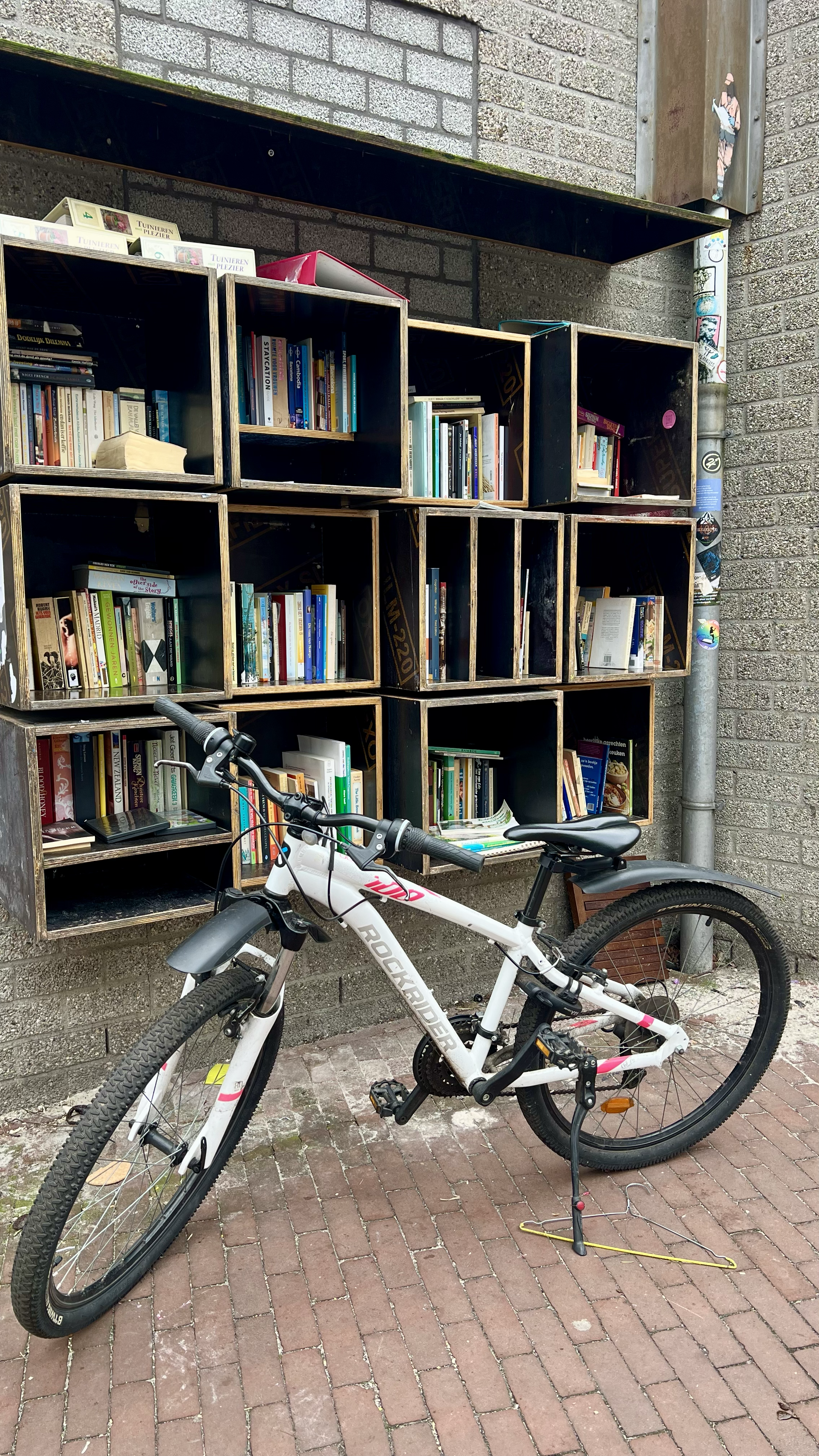 A white mountain bike parked on a brick sidewalk in front of a wall-mounted outdoor bookshelf filled with books, with graffiti/stickers on the pole nearby.