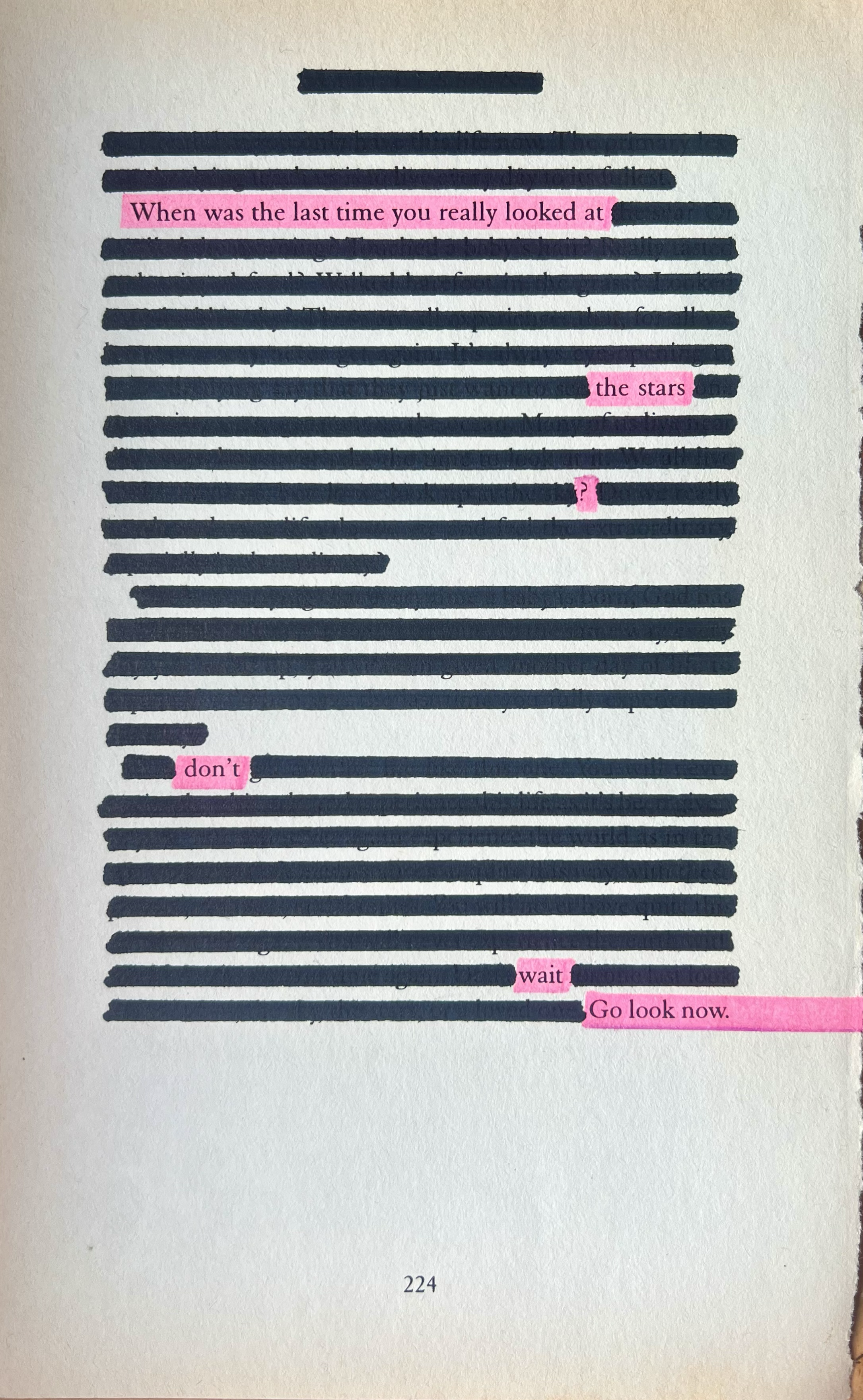 A page with black horizontal lines covering most of the text. Several words and phrases are highlighted in pink, including 'When was the last time you really looked at', 'the stars', '?', 'don't', 'wait', and 'Go look now.'