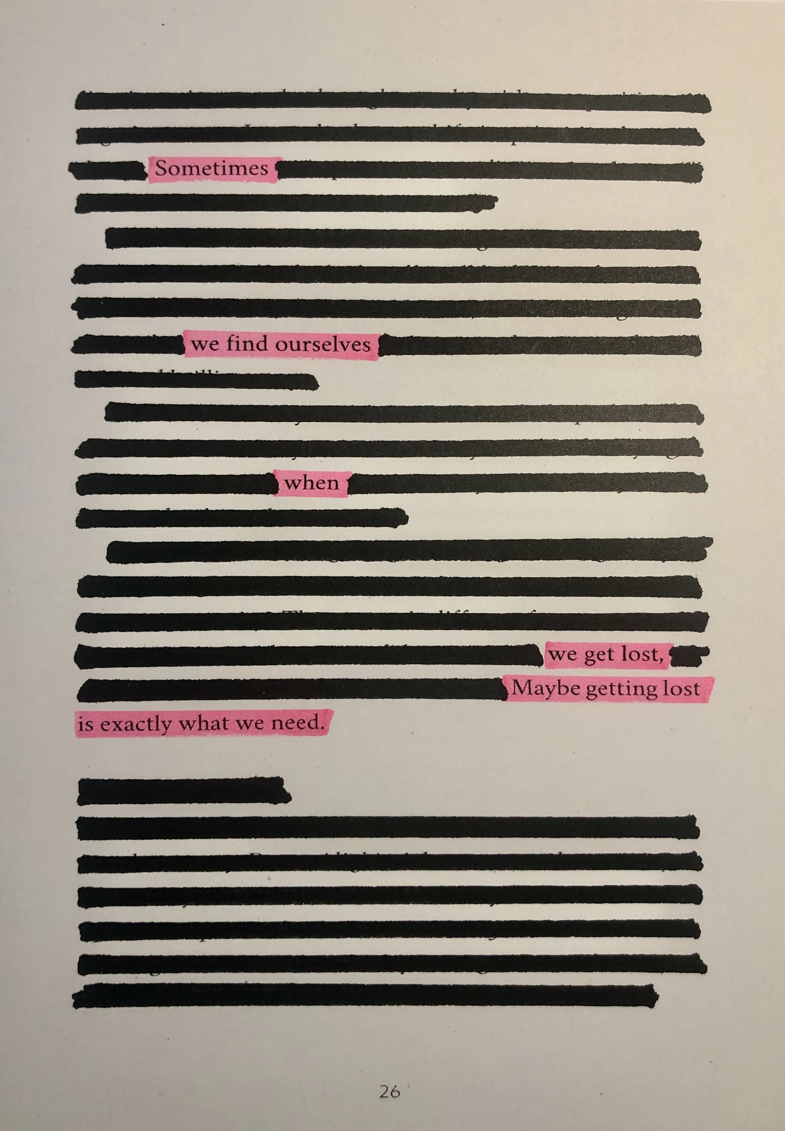 A handwritten note with black lines crossing out text, where only certain phrases are visible in pink highlights: "Sometimes," "we find ourselves," "when," "we get lost," "Maybe getting lost" and "is exactly what we need." The note is numbered 26 at 