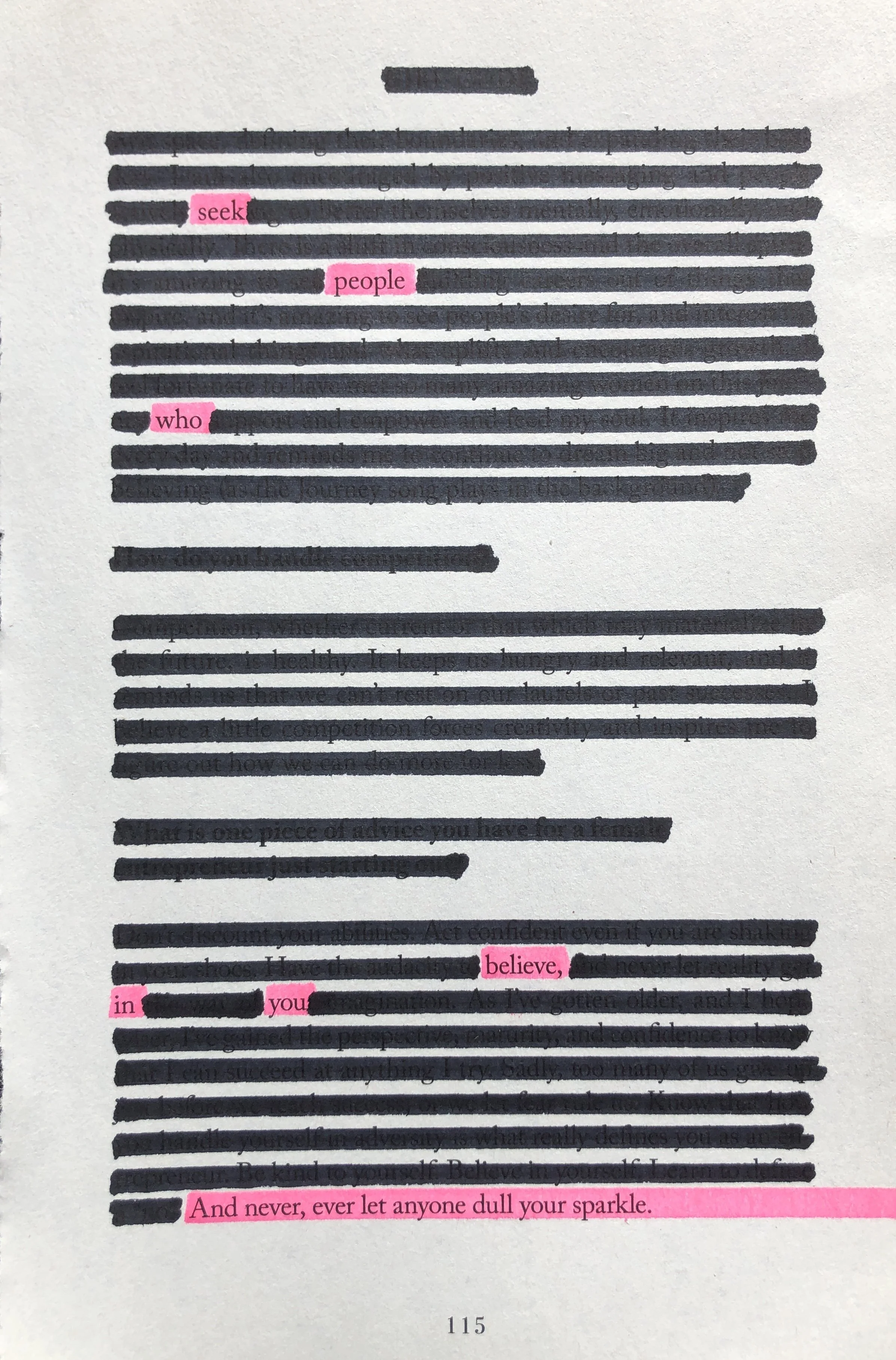 A book page with blacked out text and several words highlighted in pink, including 'seek,' 'people,' 'who,' 'believe,' 'in,' 'you,' and the sentence 'And never, ever let anyone dull your sparkle.'