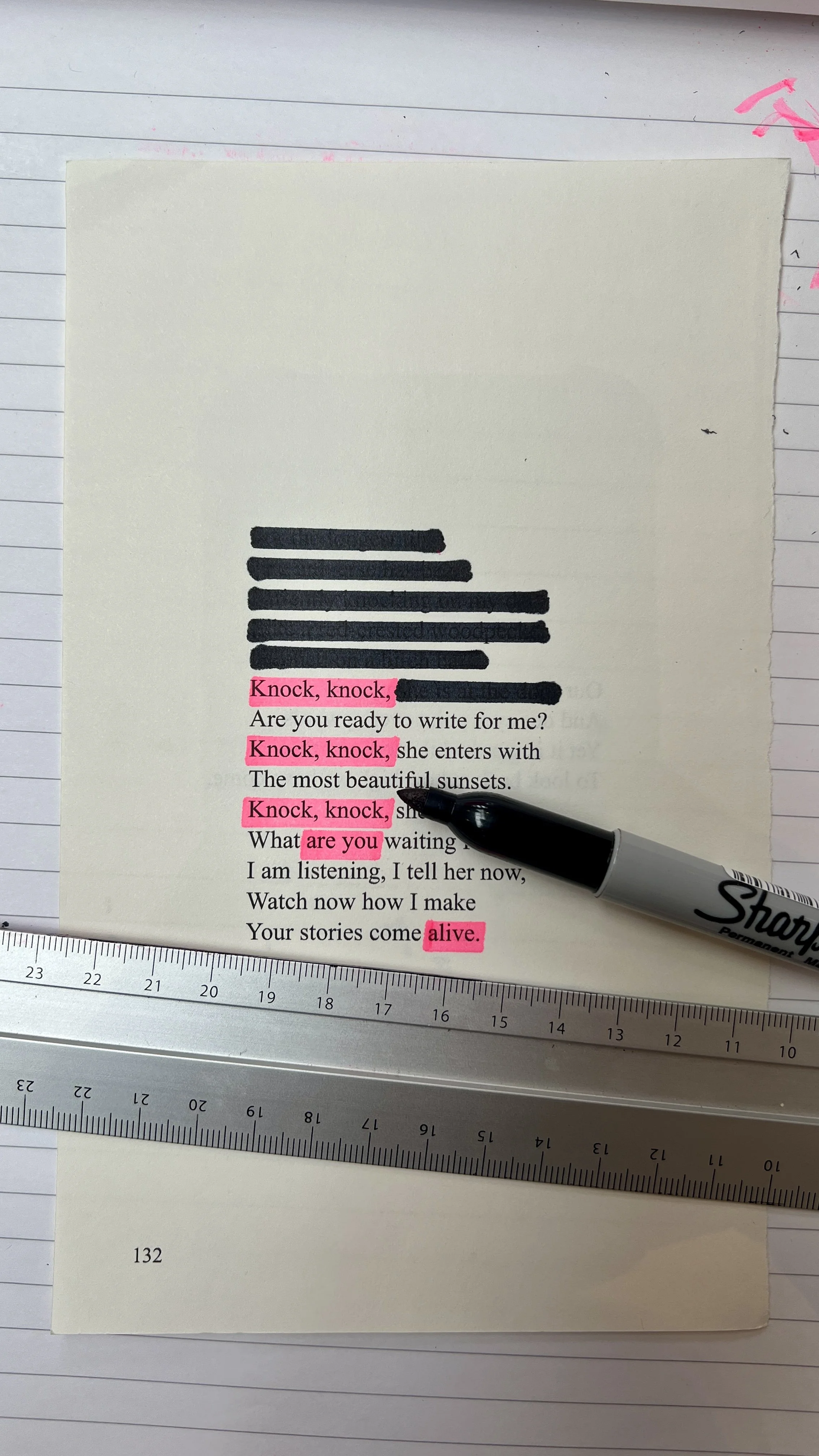 Open book with highlighted words of a poem or story, a black marker, and a ruler on lined paper. The highlighted words include 'Knock, knock,' 'Are you,' and 'alive.'