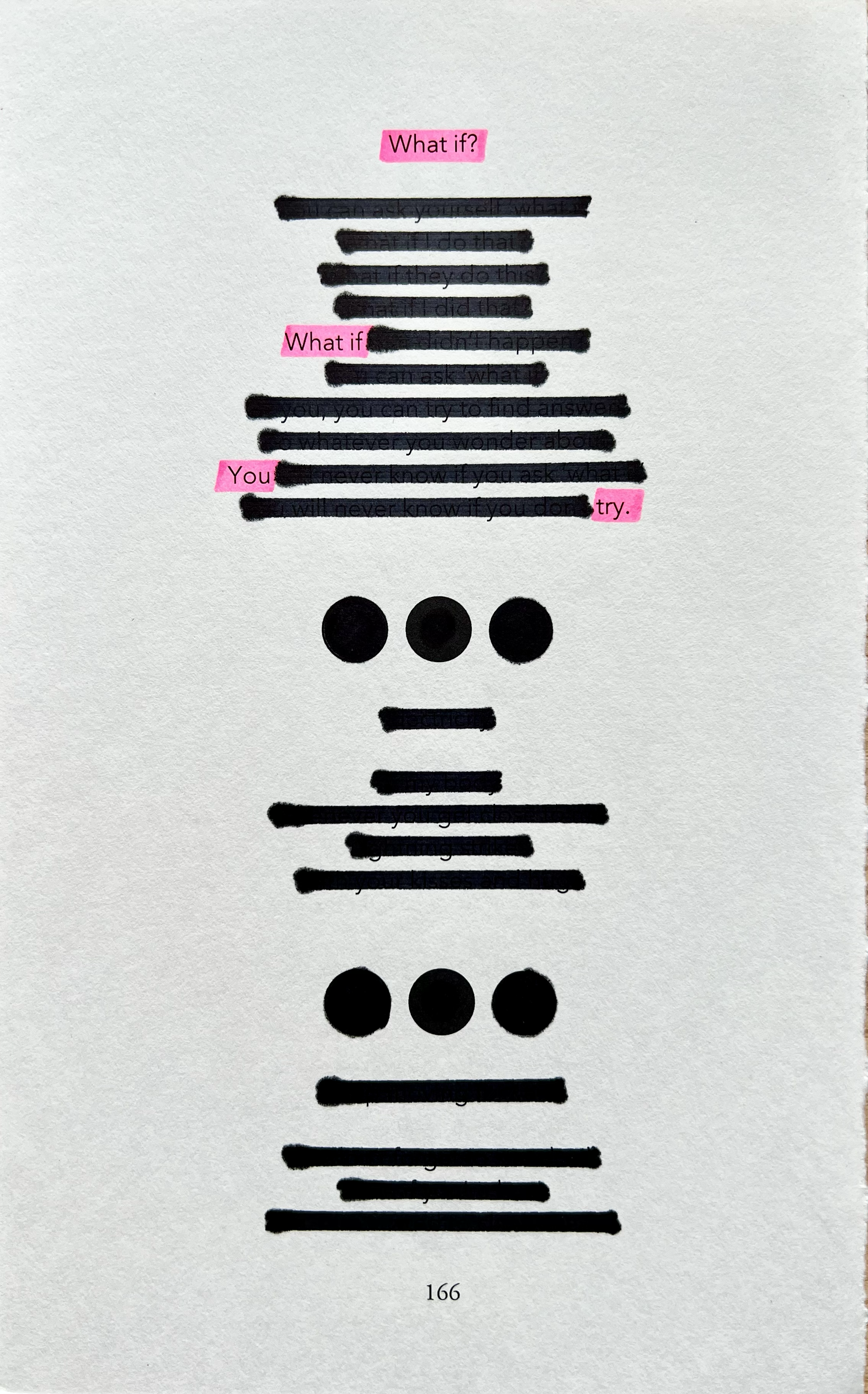 A page from a book with blacked-out text and three highlighted words in pink reading "What if?", "What if", and "You". The page number is 166.