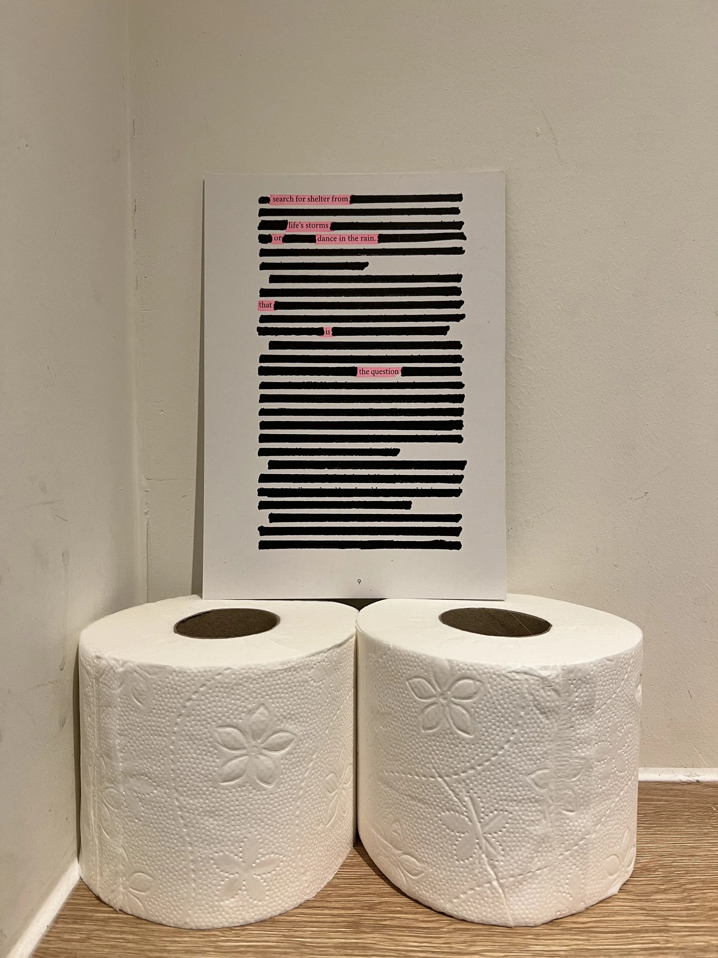 Two rolls of white toilet paper with embossed floral patterns on a wooden floor, with a poster on the wall behind them featuring blacked-out lines and pink highlighted words.