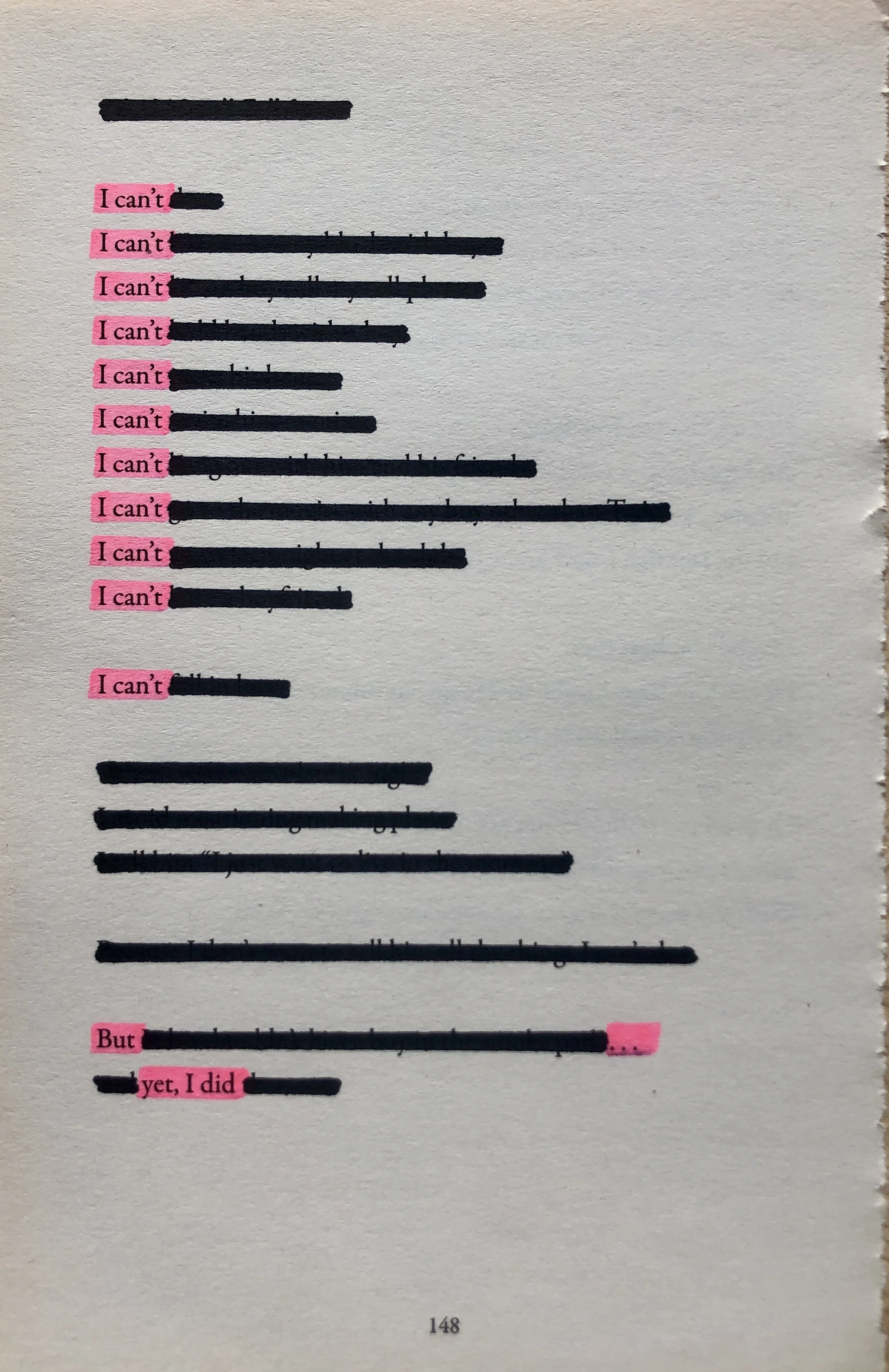 Text document with lines of text, some words highlighted in pink, including phrases like "I can't" and "But yet, I did".