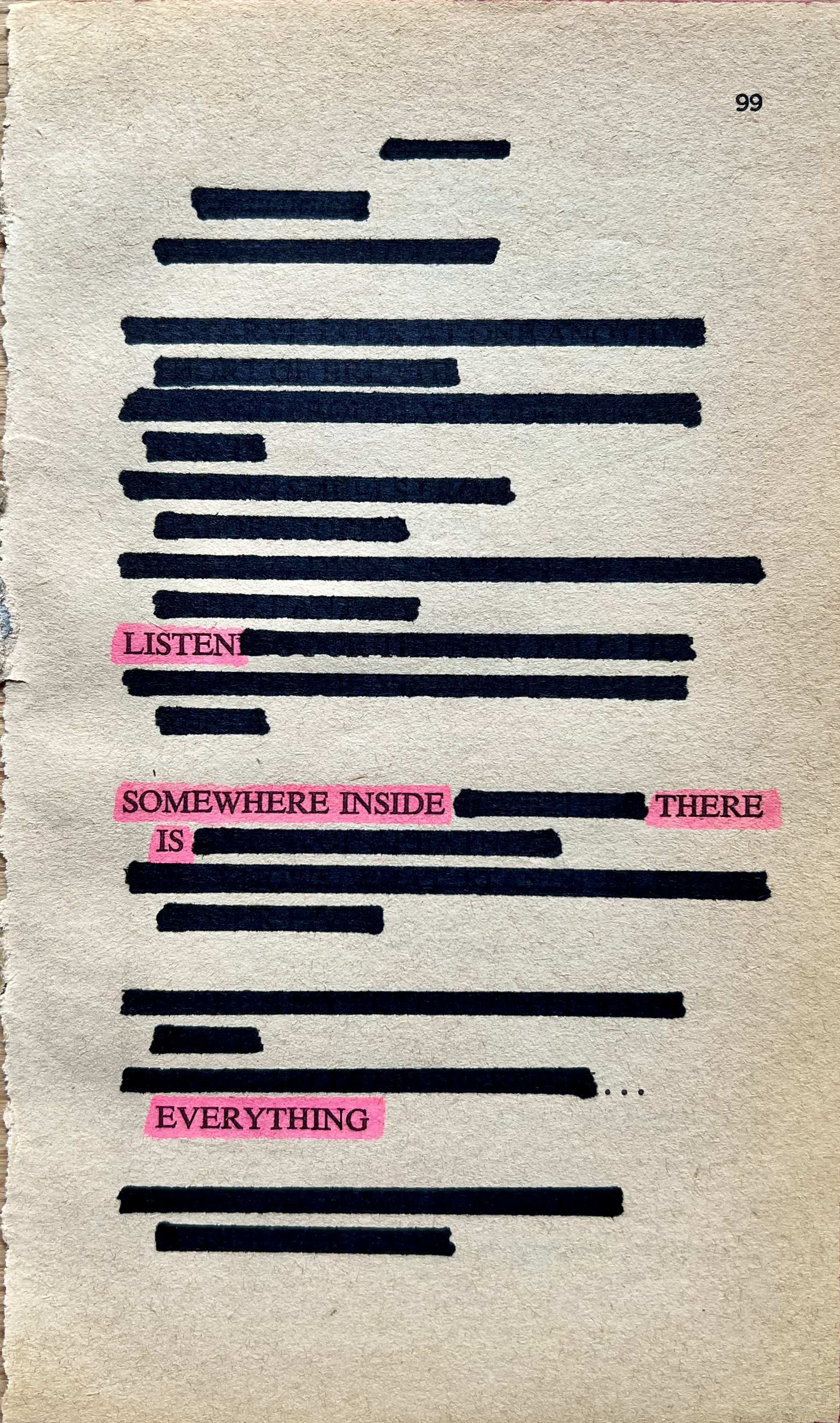 A page with black rectangular marks and pink highlighted words reading "LISTEN," "SOMEWHERE INSIDE," "THERE IS," "EVERYTHING."
