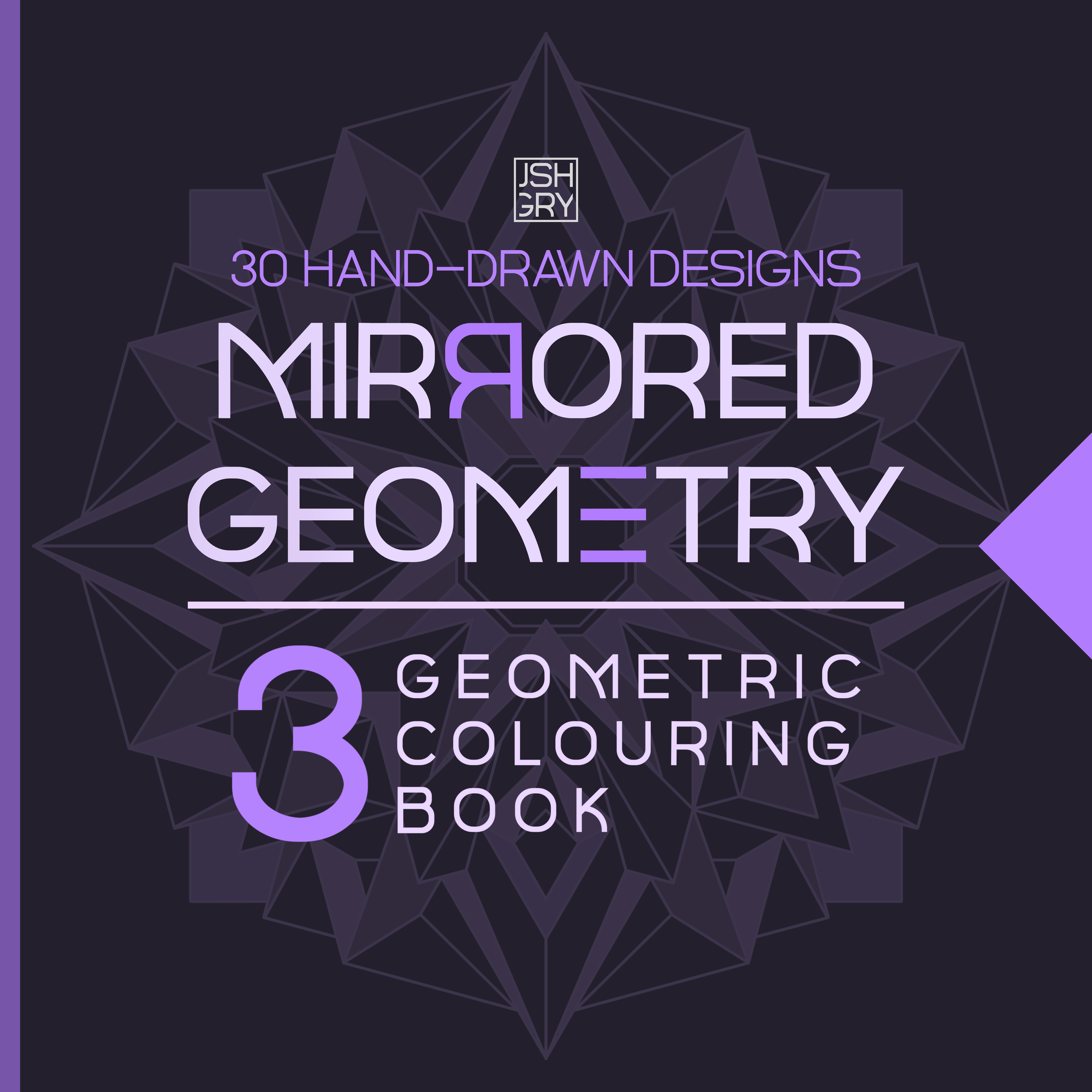 Promotional graphic featuring a geometric design with text about 30 hand-drawn designs for a mirror, geometric, coloring, and book project, using purple and black colors.