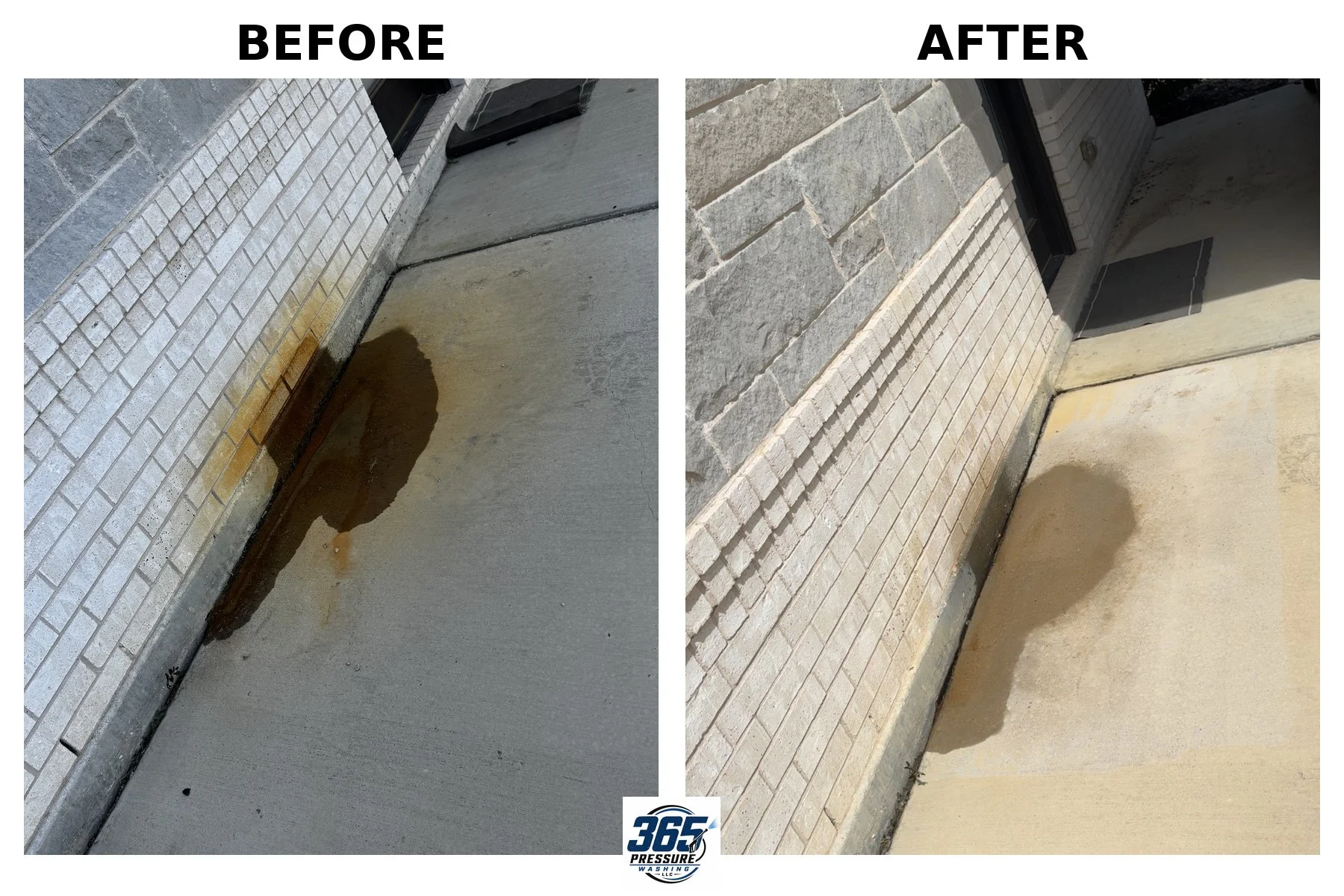 Side-by-side comparison of a brick wall and concrete surface before and after cleaning. The 'before' shows stained and dirty concrete, while the 'after' reveals a clean, lighter-colored surface following pressure washing by 365 Pressure Washing LLC.