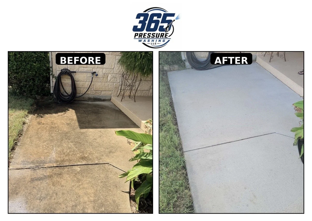 Before and after images of a concrete patio, showing cleaning and restoration. The before side has a stained, discolored surface, while the after side is clean and light gray.