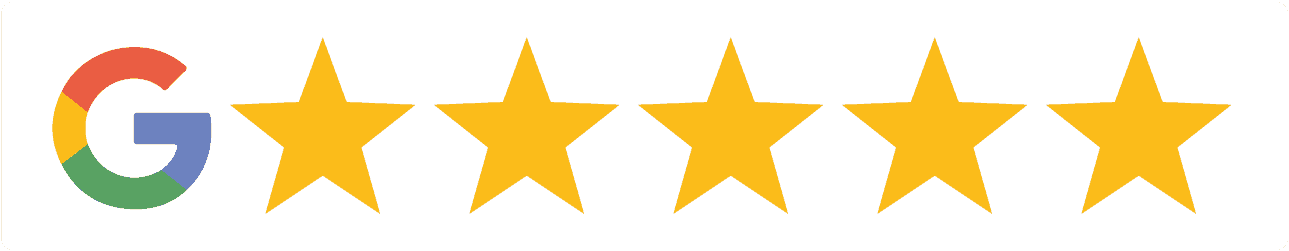 Google five-star rating image with the Google logo and five yellow stars.