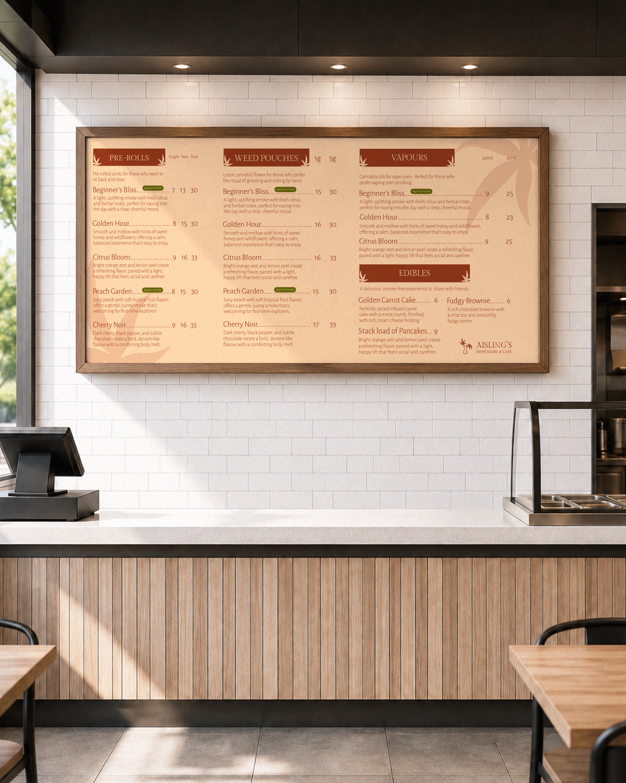 A digital menu board displaying a menu with categories: Pre-Rolls, Weed Pouches, Vapours, and Edibles at a dispensary. The menu items include various flavors and prices, with descriptions of each product.
