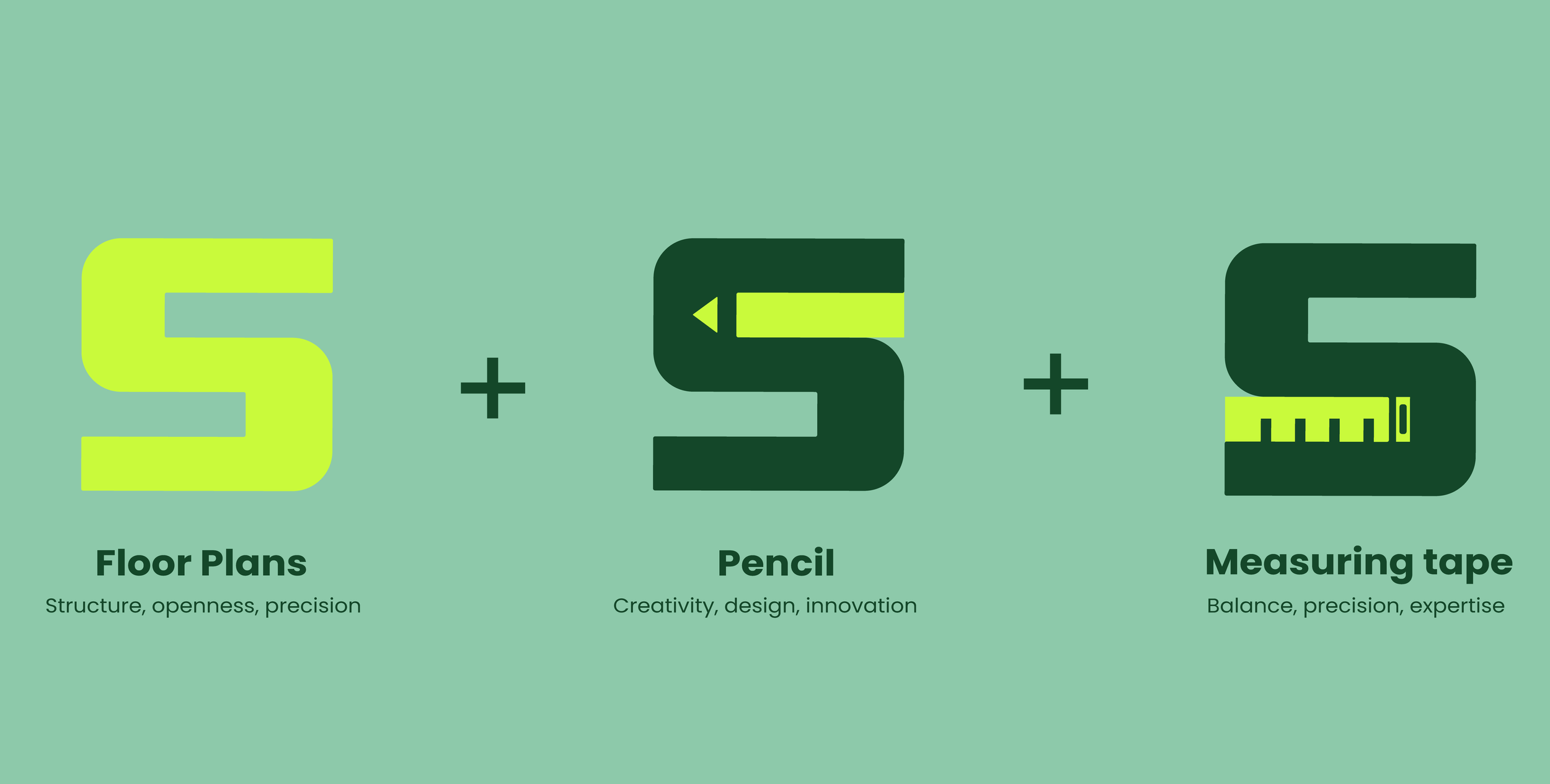 Graphic displaying three tools and their qualities: a lime green floor plan with keywords 'structure, openness, precision', a dark green pencil with words 'creativity, design, innovation', and a dark green measuring tape with words 'balance, precision, expertise' on a light green background.