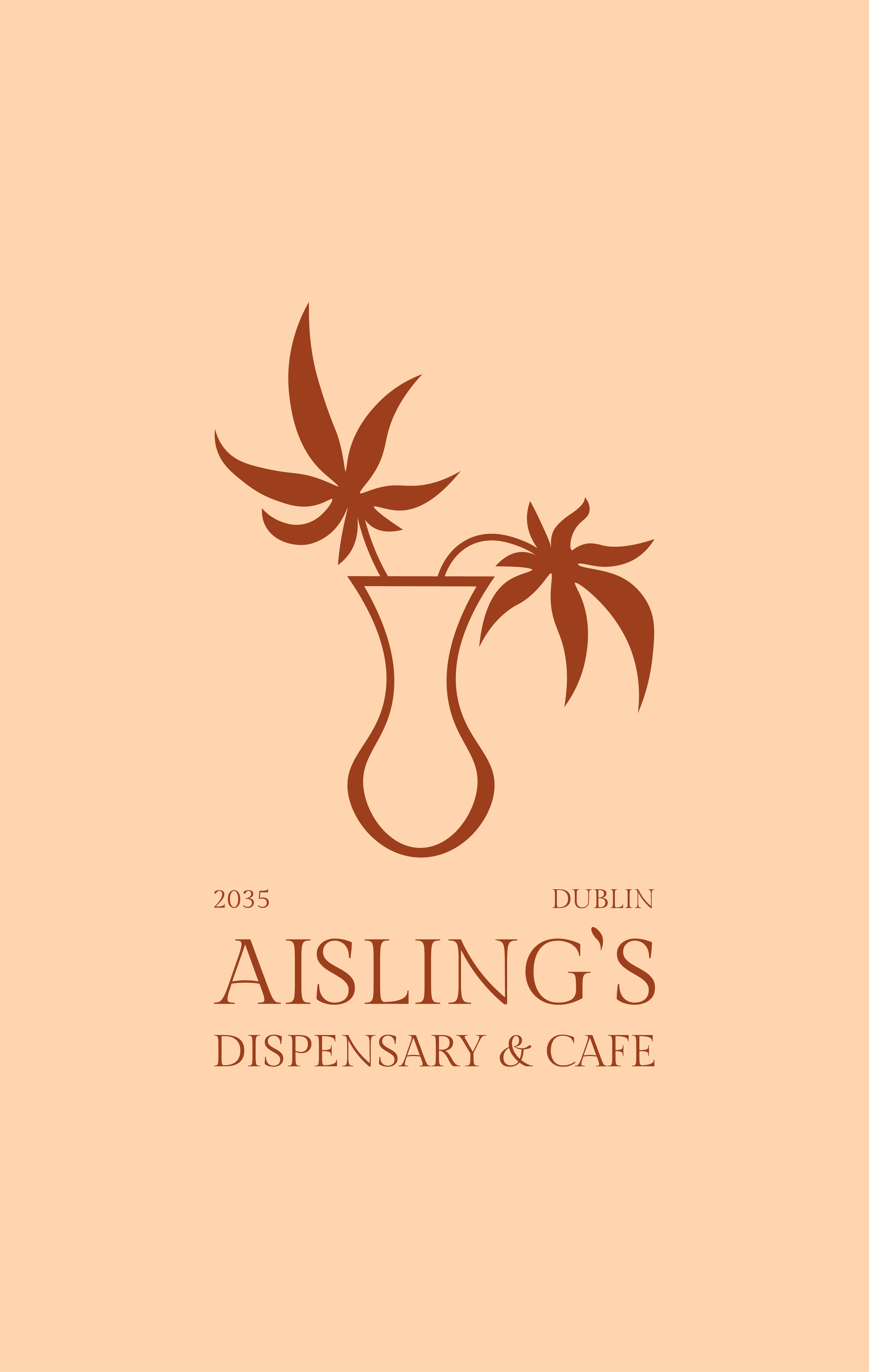 Vertical logo for Asling's Dispensary & Café featuring a drawing of a vase with two stylized cannabis leaves, set against a beige background with the text '2035 Aisling's Dispensary & Café Dublin'.