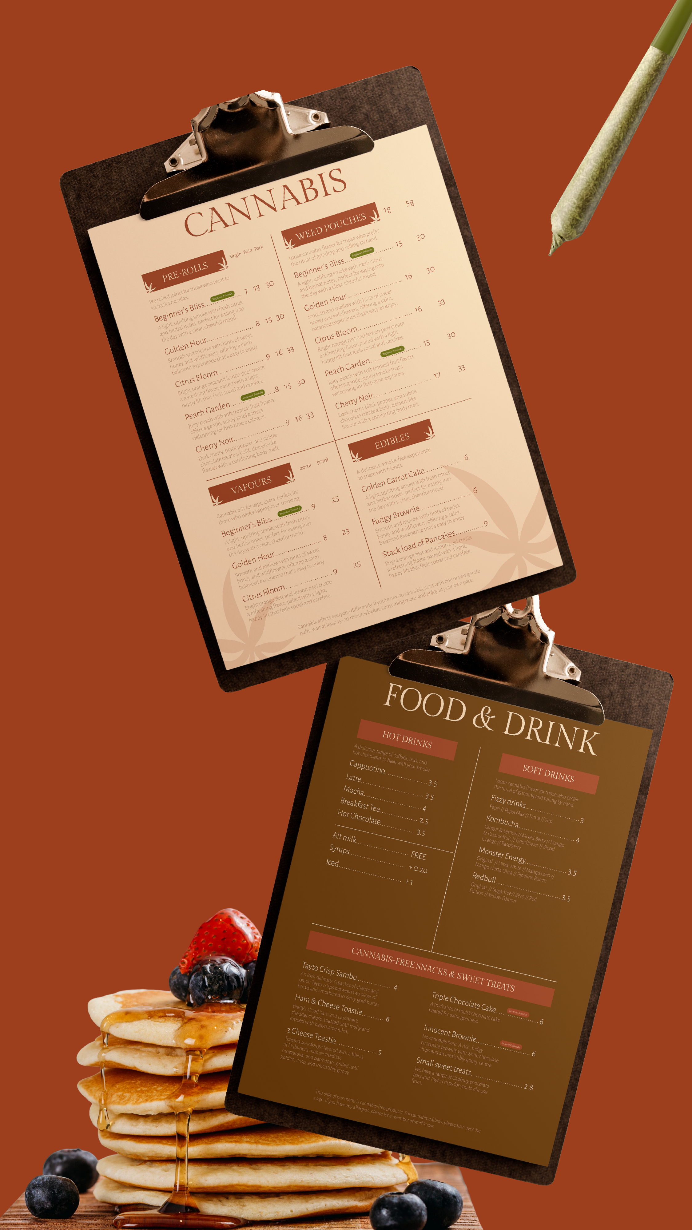 Menus for cannabis products and food & drinks on clipboards, with a stack of pancakes topped with syrup, strawberries, blueberries, and blackberries in the foreground.